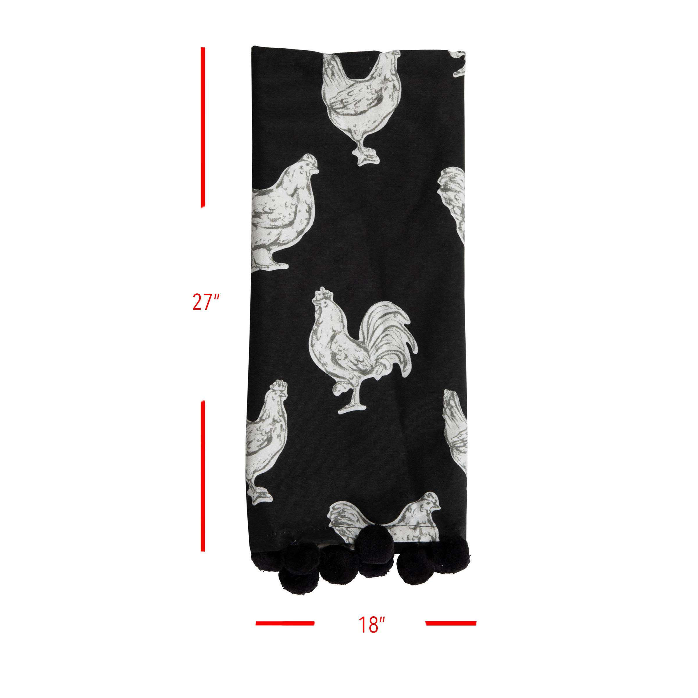 Foreside Home & Garden Black Tea Towel Chicken Pattern 27 x 18 Inch Woven Kitchen Hand Sewn Poms 6