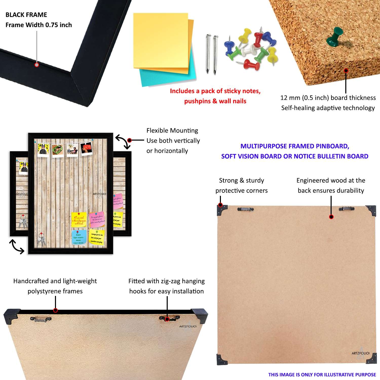 ArtzFolio Abstract Marble Art D3 | Bulletin Board Notice Pin Board | Vision Soft Board Combo with Thumb Push Pins & Sticky Notes | Black Frame | 12 x 12 inch (30 x 30 cms) 5