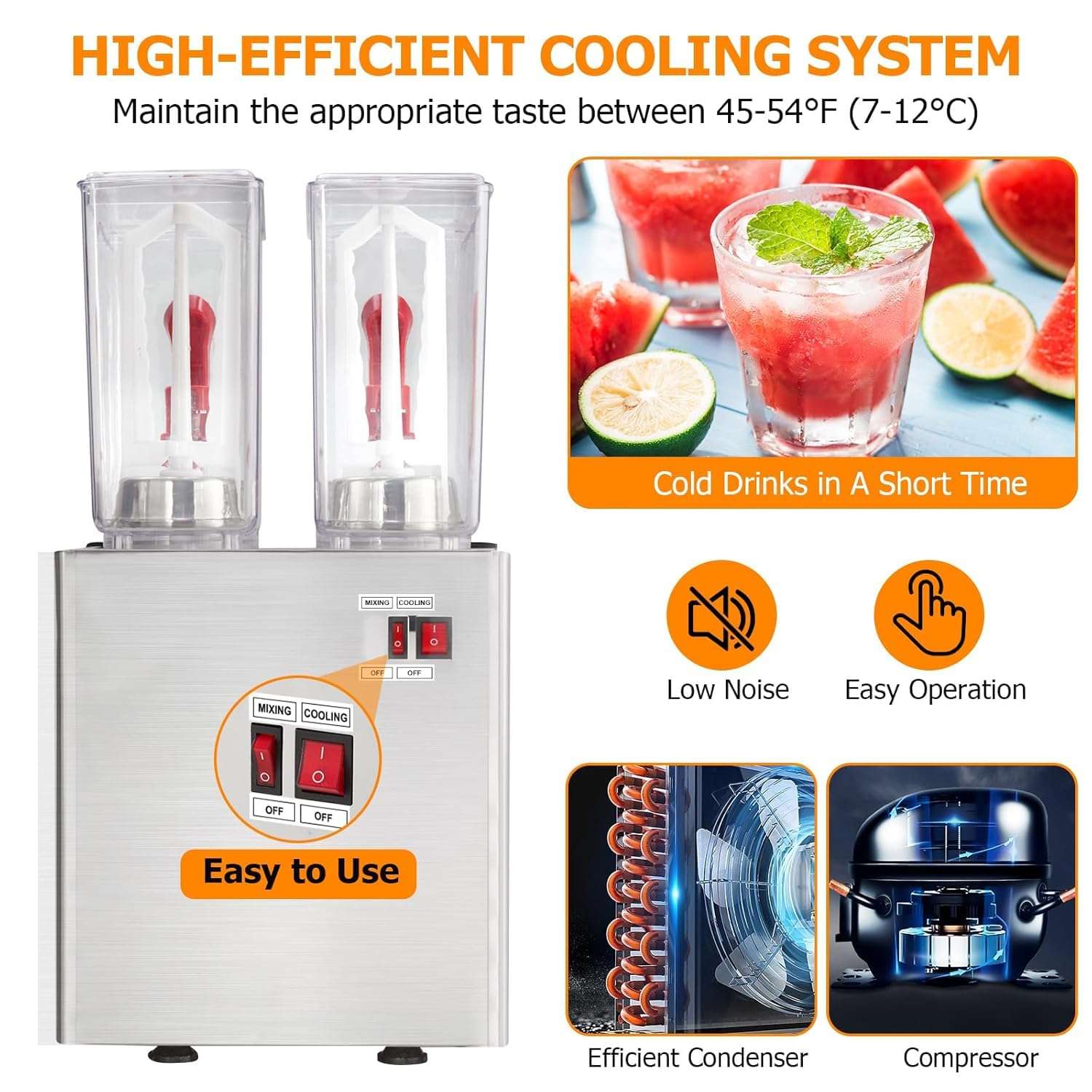 PioneerWorks Commercial Beverage Dispenser, 2 Tanks 5.28 Gallon 20L Commercial Juice Dispenser, 10 Liter Per Tank, 280W Stainless Steel Food Grade Ice Tea Drink Dispenser with Thermostat Controller 5