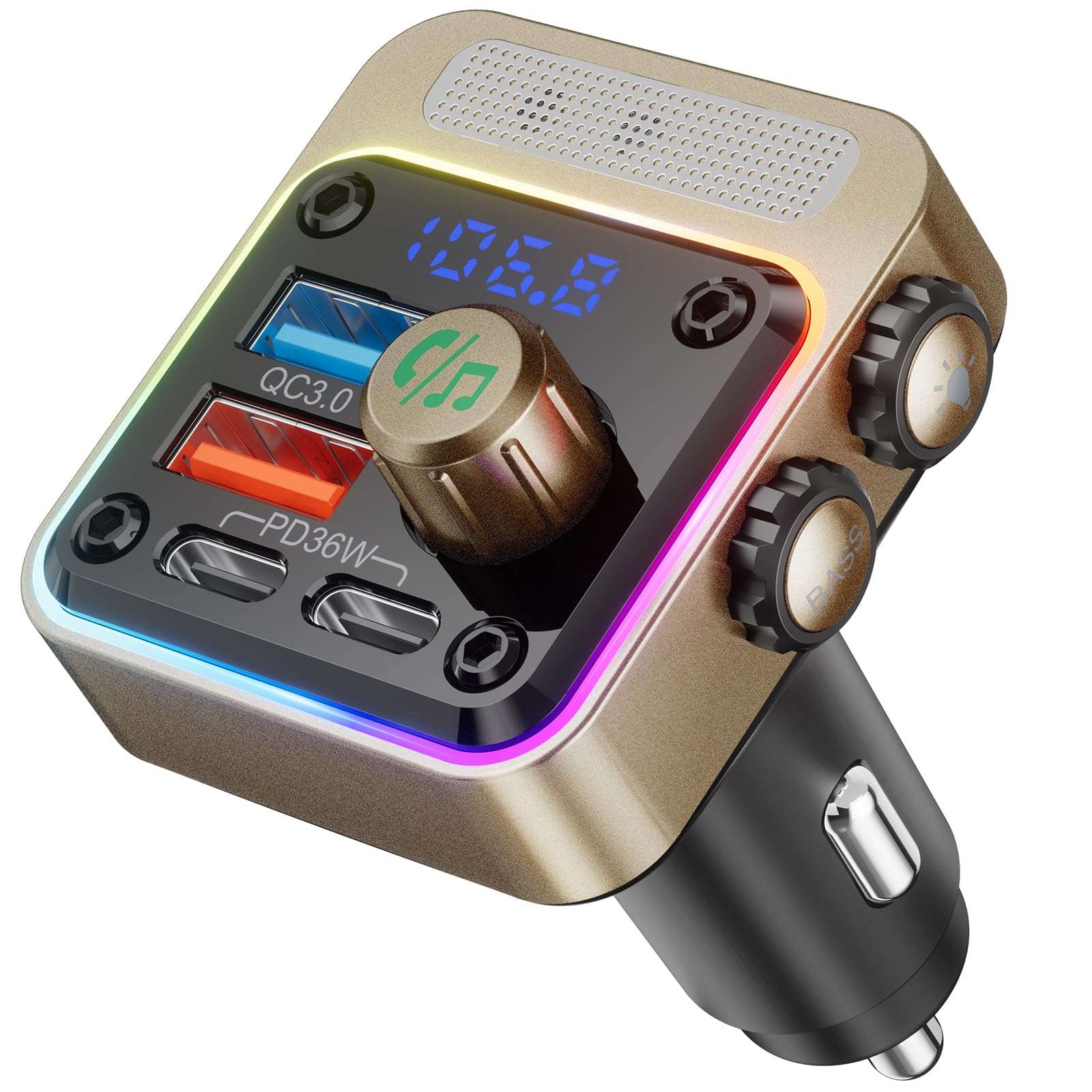 Nulaxy 54W Bluetooth 5.3 Car Adapter with 4 Charging Ports [PD 36W & QC3.0 18W], Wireless Radio FM Transmitter with Deep Bass Player & 5 Colors LED Backlit, Hands-Free Calling - Gold 1