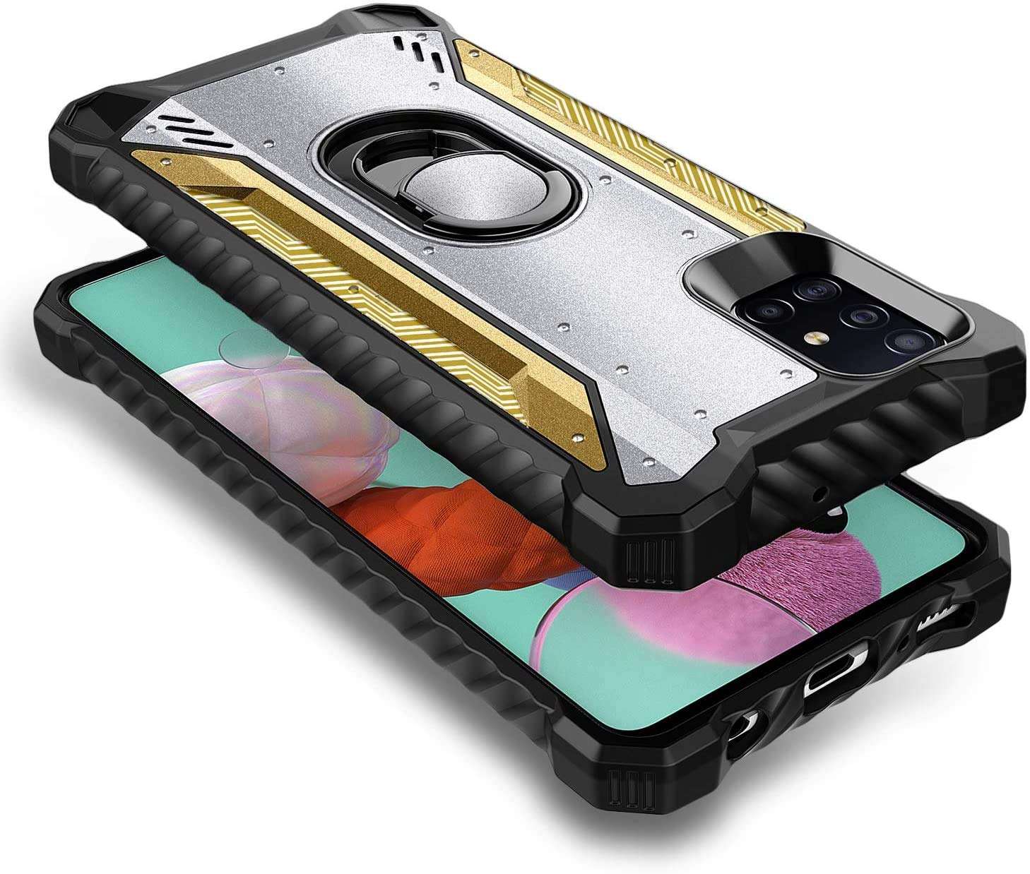 E-Began Case for Samsung Galaxy A71 5G Case with Tempered Glass Screen Protector [Not Fit A71 5G UW Verizon], Magnetic Metal Built-in Ring Holder Stand, Full-Body Protective Military Case -Silver/Gold 4