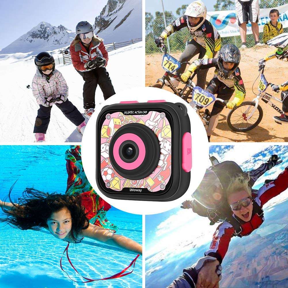 Kids Camera, iMoway Waterproof Video Cameras for Kids HD 1080P Kids Digital Cameras Camcorder with 16GB Memory Card, Card Reader and Floating Hand Grip (Pink) 6