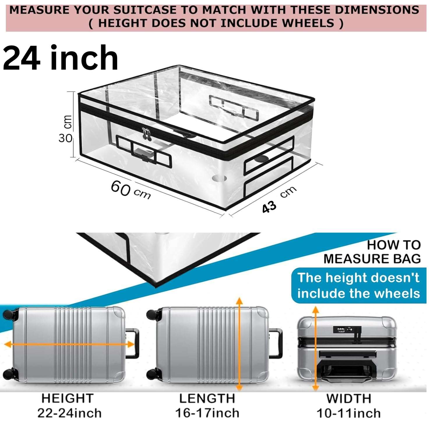 Tusmad Suitcase Cover Large Size | 24 Inch Transparent PVC Luggage Cover for Hard Trolley Bag (60 CM), Waterproof Clear Protective Suitcase Cover with Zipper, Travel Dustproof Protector 3