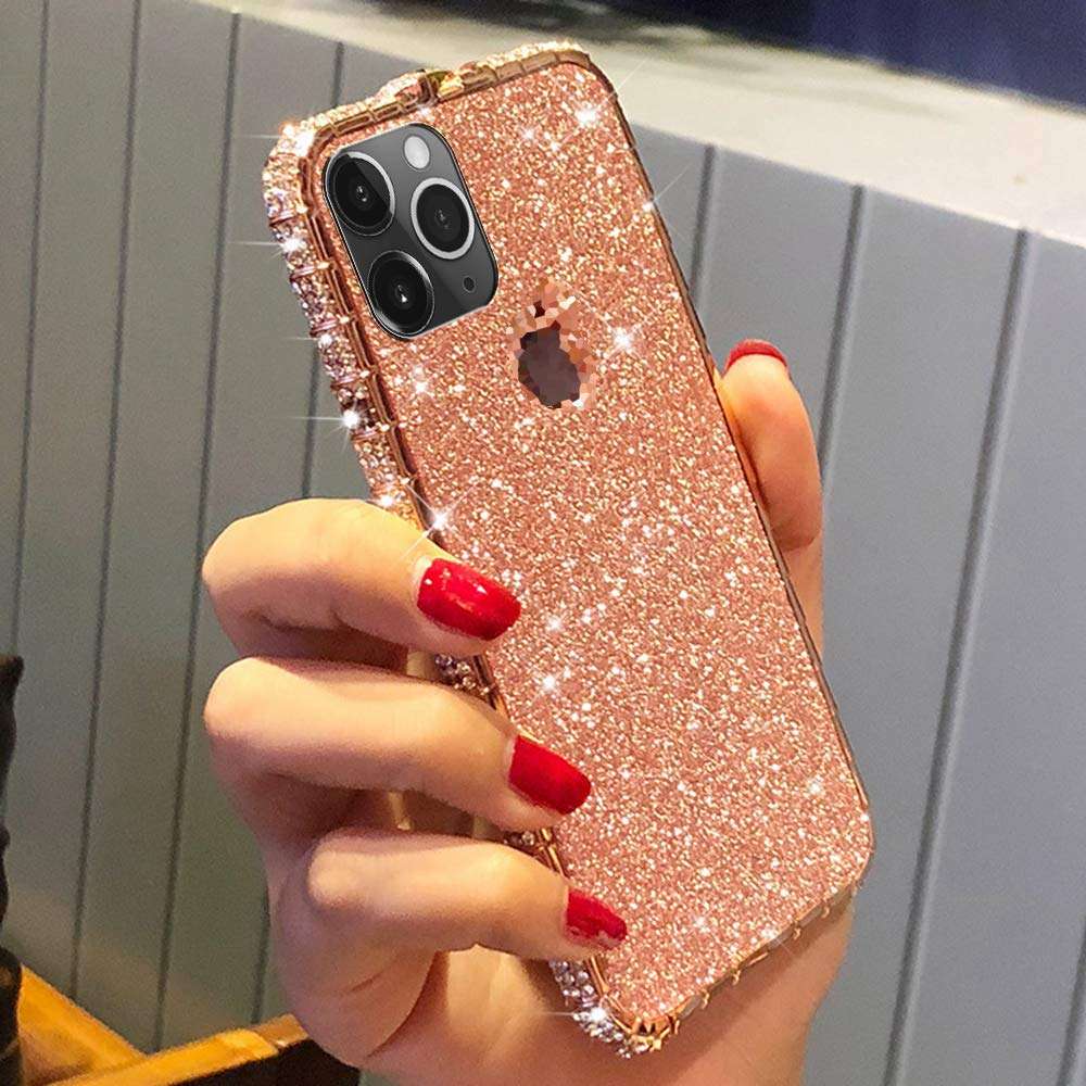 Case for iPhone 11 Pro Cover,Girl Women Luxury Sparkly Bling Glitter Rhinestone Diamond Metal Button Bumper Case Cover & Shiny Glitter Sticker Protective Cover for iPhone 11 Pro Diamond Case,Rose Gold 2