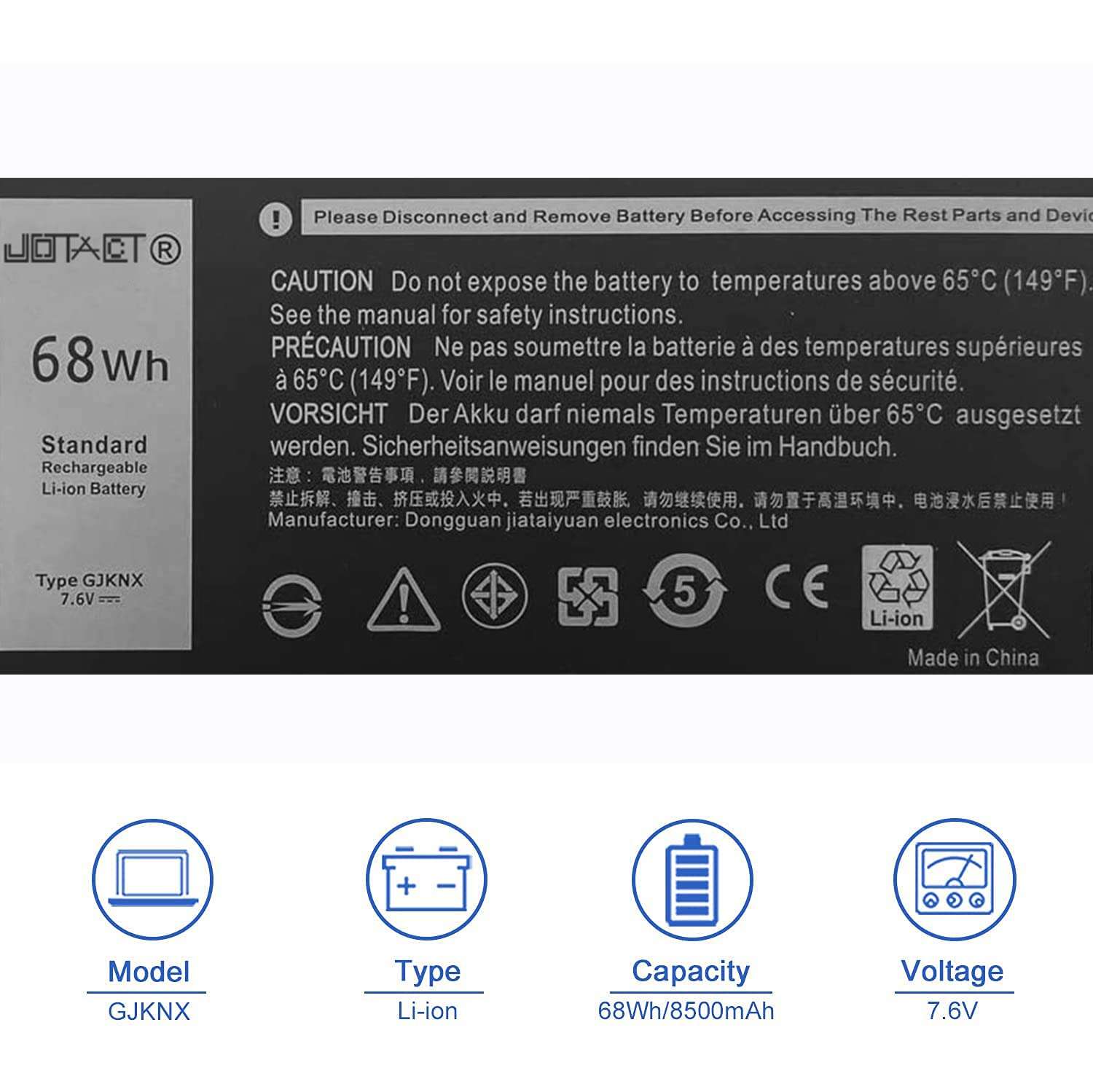 JOTACT GJKNX Laptop Battery Compatible with Dell Latitude 5480 5580 5280 5590 5490 E5480 E5580 E5490 E5590 Precision 15 3520 3530 Series GD1JP 0GD1JP DY9NT 0DY9NT 5YHR4 451-BBZG （7.6V 68Wh/8500mAh） 2
