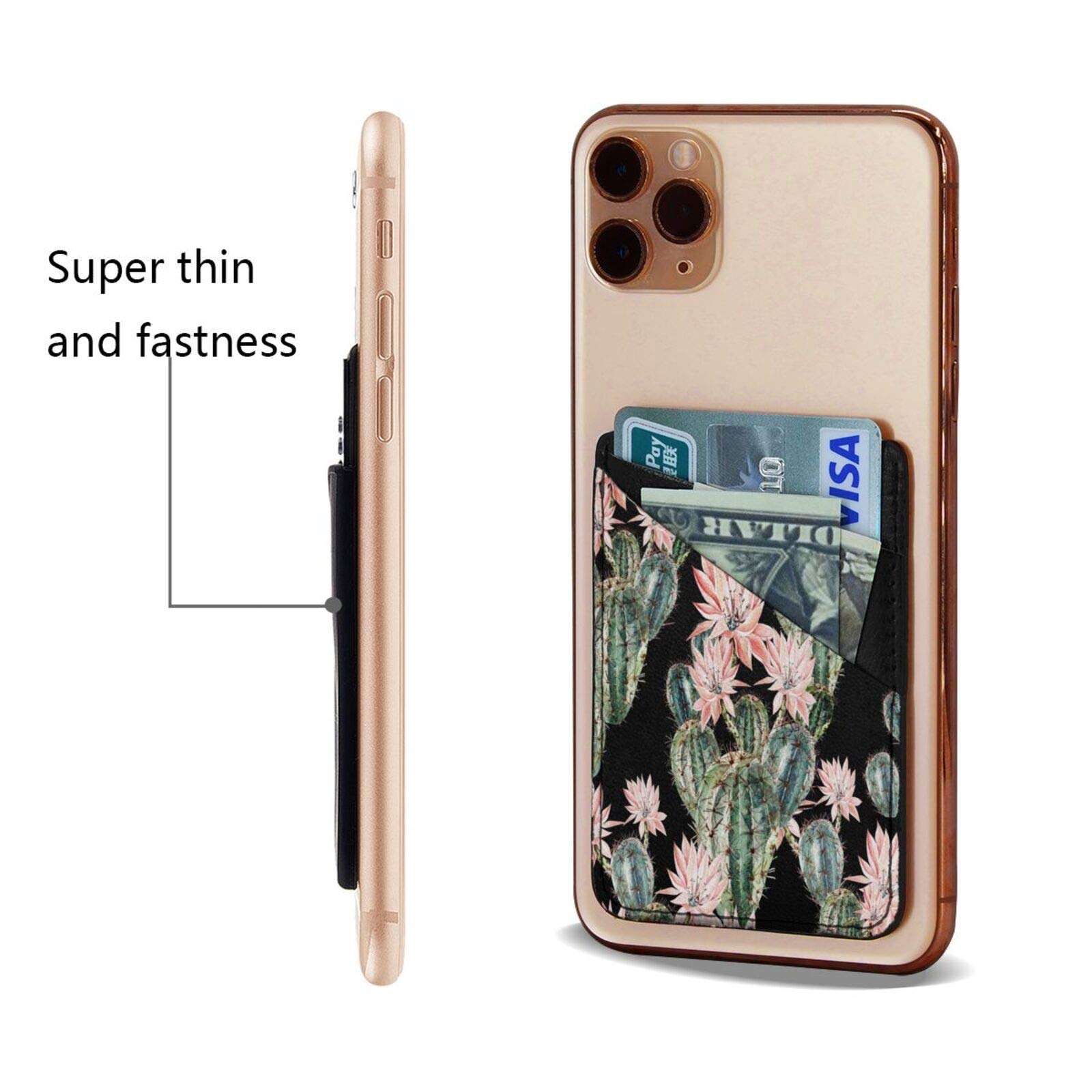 N/W Vintage Cactus Phone Card Holder, Stick-on ID Credit Card Wallet Phone Case Pouch Sleeve Pocket for iPhone, Android and All Smartphones Black 3.5 x 2.5 x 0.2 inches 3