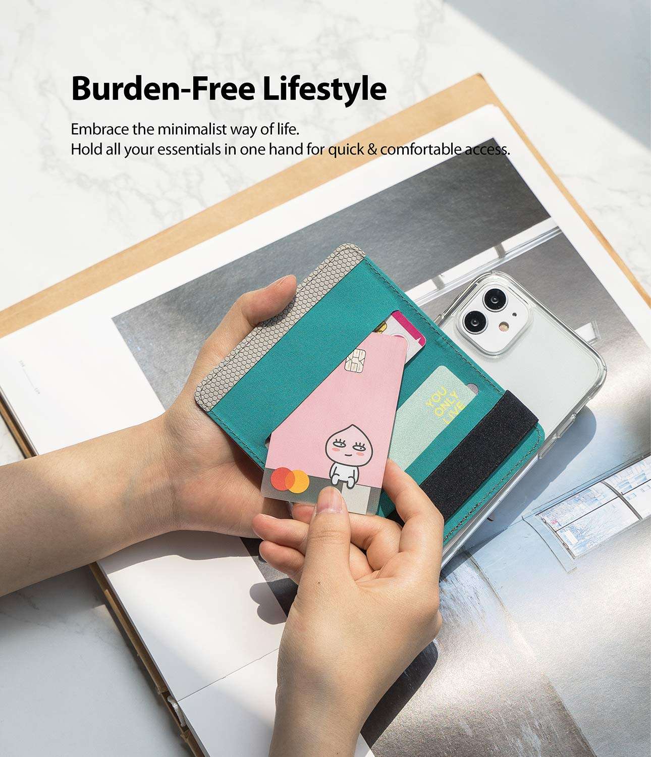 Ringke Flip Card Holder Faux Saffiano Leather with Elastic Hand Strap Multi-Card Slot Wallet Credit Card Cash Holder Attachment Compatible with Most Smartphones, Android and More - Chic Black 5