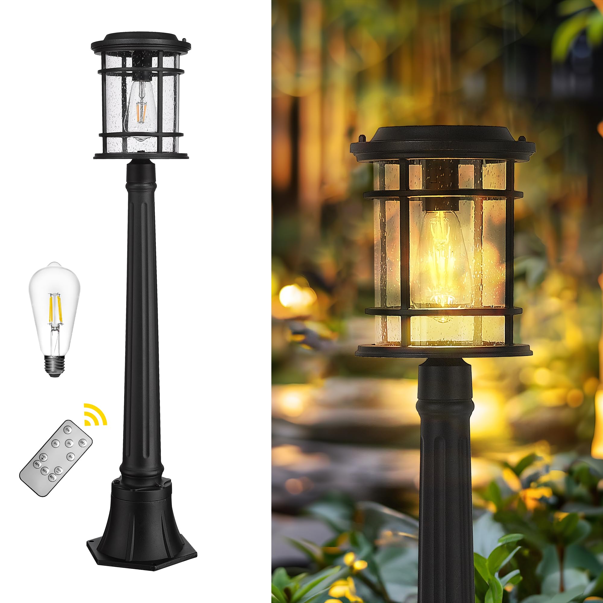 Emliviar Solar Pathway Lights Outdoor, Dusk to Dawn Walkway Light with Remote Control, Pole Light with Seeded Glass in Black Finish, LED Bulb Included, XE229PL-SL BK