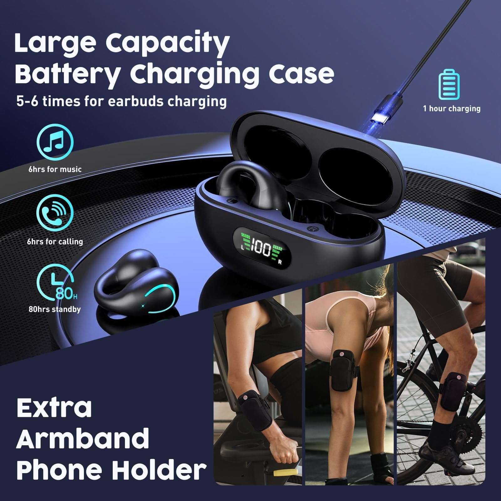 TUTGLOBAL Ear Buds Wireless Bluetooth Earbuds 5.3,Ultra Open Ear Earbuds,Clip on Headphones,Waterproof Sports Earphones Built-in Mic with Charging Case,Extra Armband Phone Holder,Aware of Surroundings 3