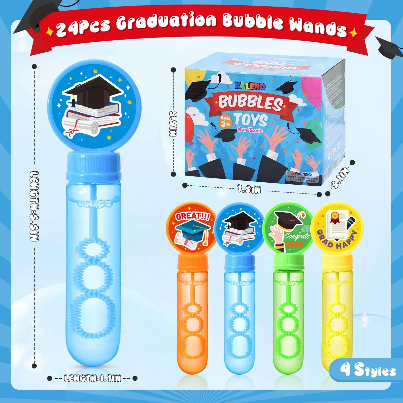 KELENO 24 Graduation Party Favors Mini Bubbles Birthday Supplies Bubble Wands Bulk Adults Prize Goodie Bag Stuffers Preschool Kindergarten Grad Toy Gift Class Bubble Party Favors for Kids 3-5 4-8 3