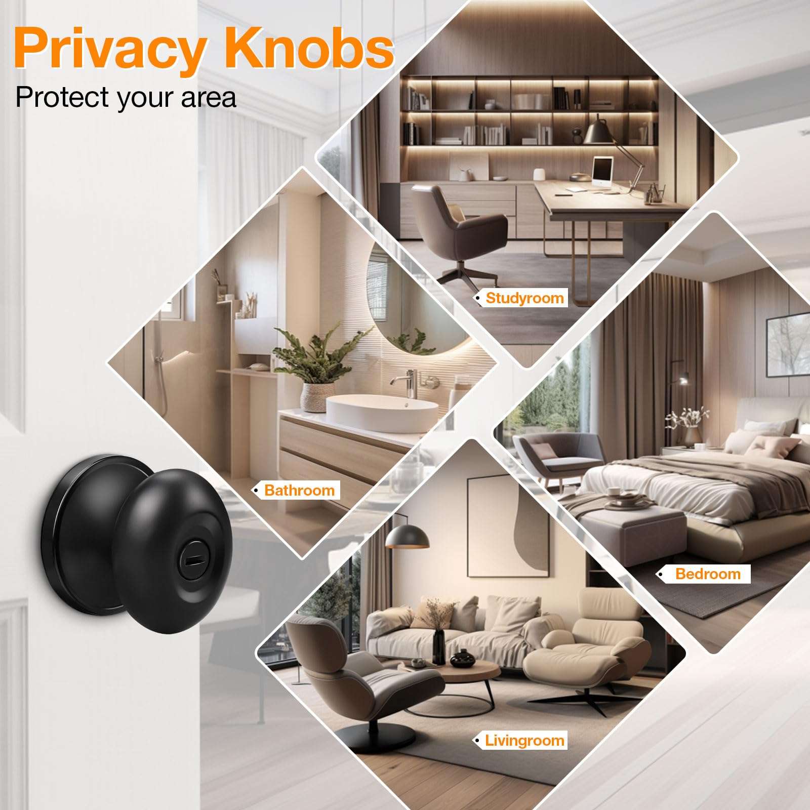 Gobrico 5 Pack Black Door Knob Oval Door Knobs Privacy Door Handles for Bed and Bath Interior Door Knob Egg Shaped Stainless Steel 2