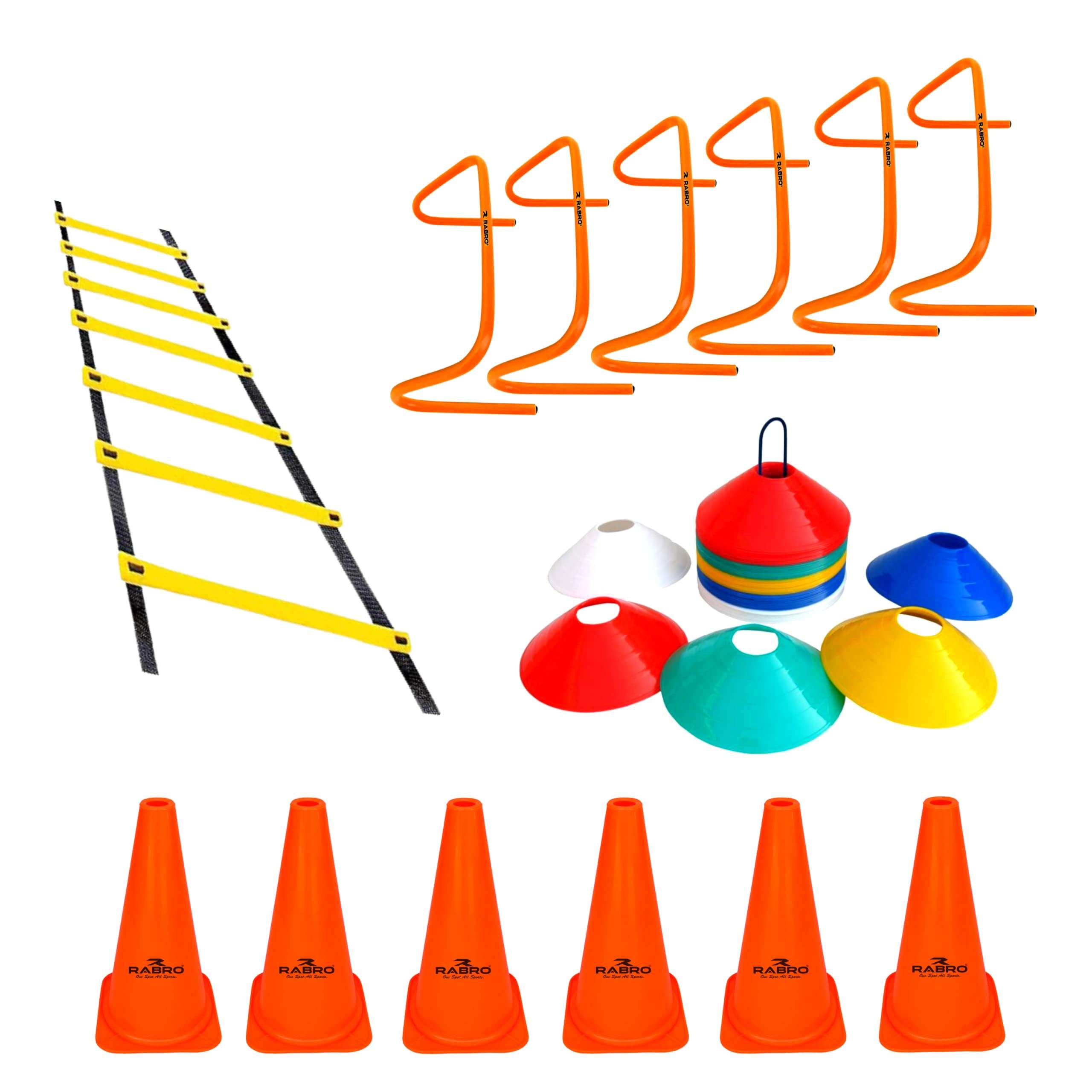 RABRO Cone Marker Set with Cones Marker Pack of 6 Pieces, 10 Pieces Space Marker, 4 Meter Ladder & 6 Inch Hurdles 6 Pieces (Set with 9 Inch Red Cones) 1