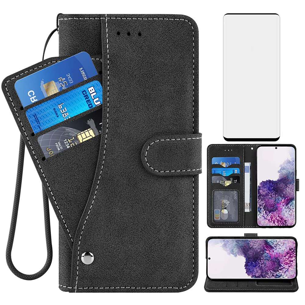 Compatible with Samsung Galaxy S20 Plus Glaxay S20+ 5G Wallet Case and Tempered Glass Screen Protector Flip Cover Credit Card Holder Cell Phone Cases for Gaxaly S20+5G S20plus 20S + S 20 20+ G5 Black 1