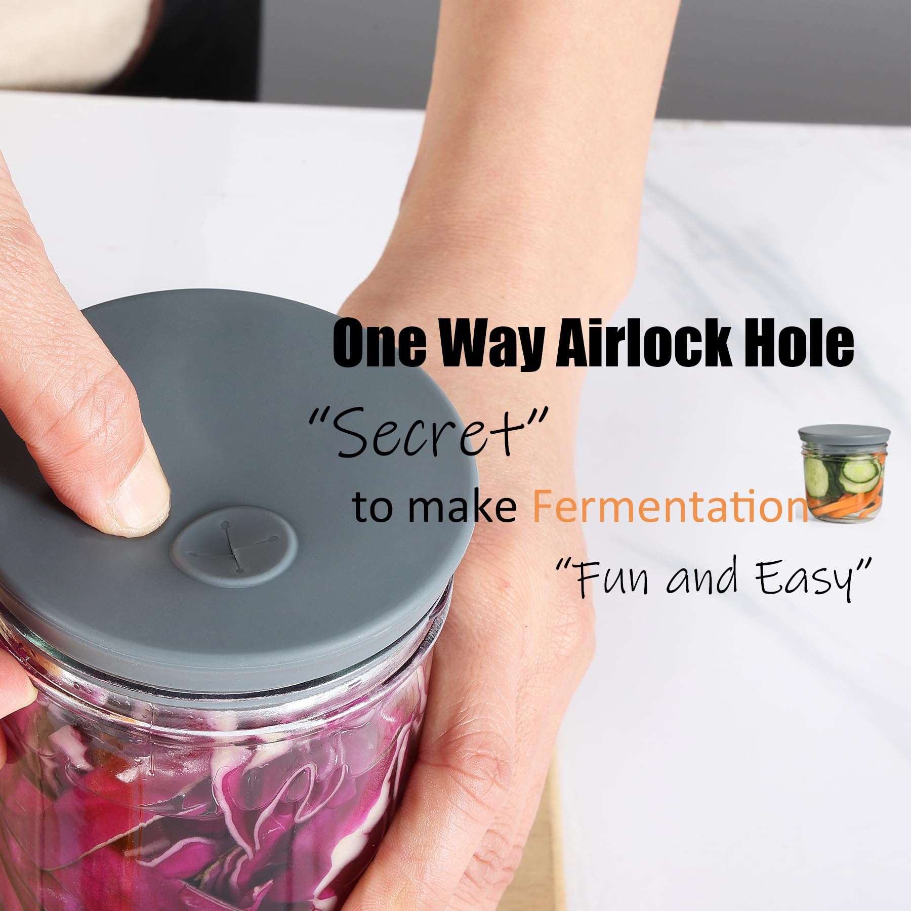 Silicone Fermentation Lids for Wide Mouth Mason Jars, 2-Pack Waterless Silicone Fermentation Air Lock Fermenting Jar Lid for Kimchi, Sauerkraut & Fermented Pickles, Dishwasher Safe & Easy Cleaning 3