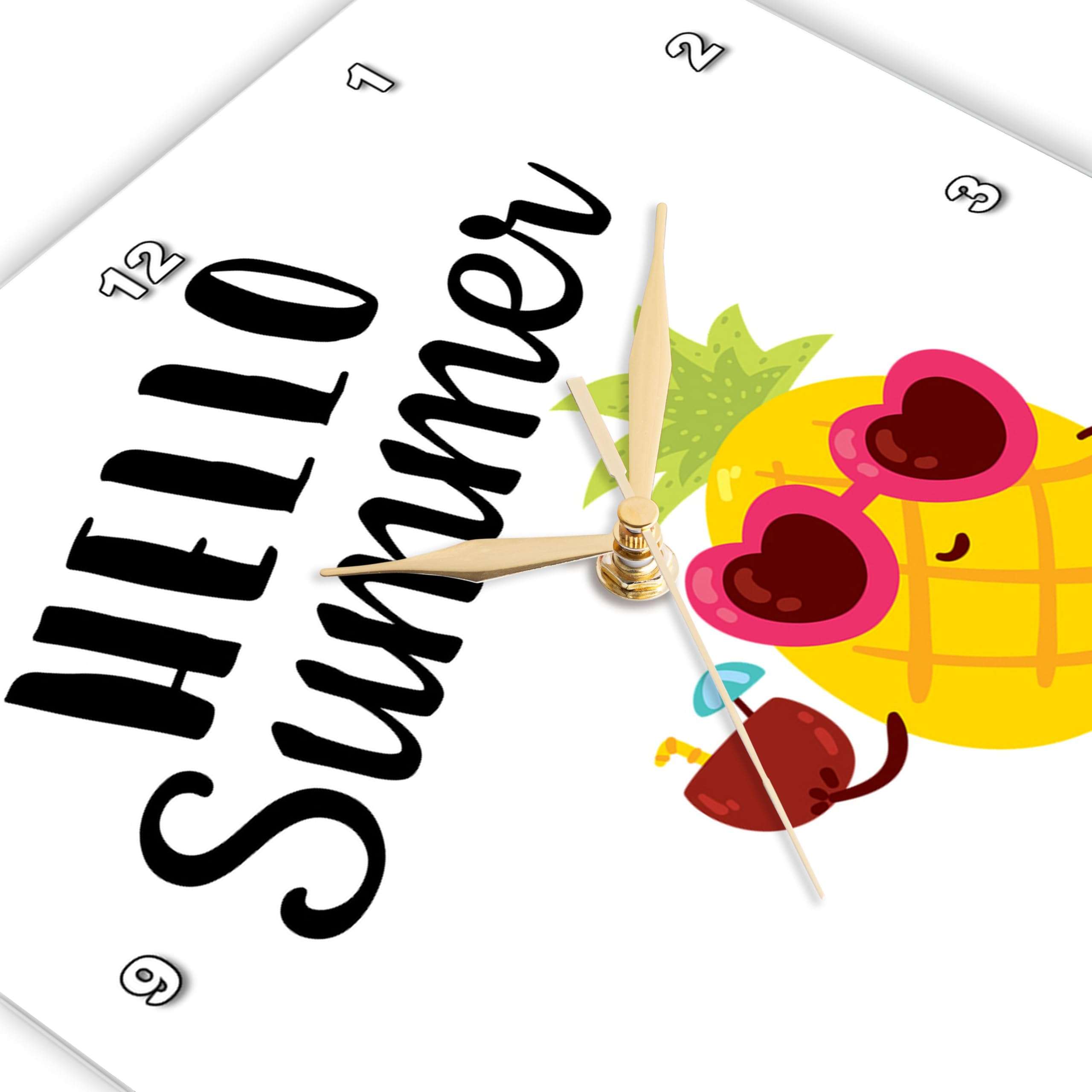 3dRose Wall Clock Silent - 10 inch - Hello Summer. Black Lettering with Cute Pineapple on White Background. - Stamp City - Typography 4