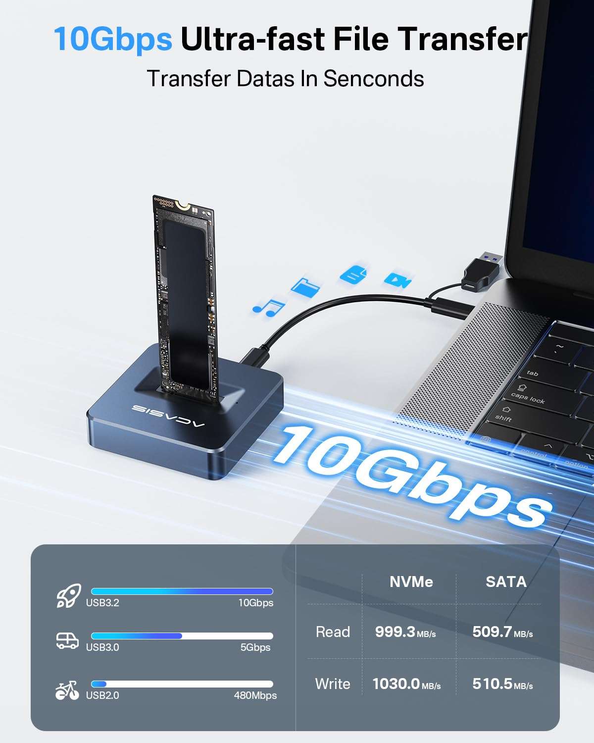 ACASIS M.2 NVMe & SATA to USB C Docking Station, NVME SSD Enclosure Adapter, USB 3.2 Gen 2(10 Gbps), Aluminium Alloy Housing, Support M.2 (M Key) NVMe and (B+M Key) SATA-Based SSD 2