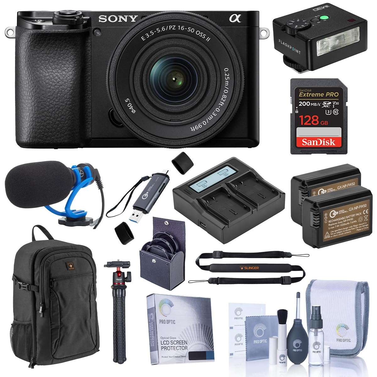 Sony Alpha a6100 Mirrorless Camera with 16-50mm f/3.5-5.6 Lens, Bundle with iM30 Mini Flash, MT-11 Tripod, 128GB SDXC Memory Card and 2X NP-FW50 Battery 1