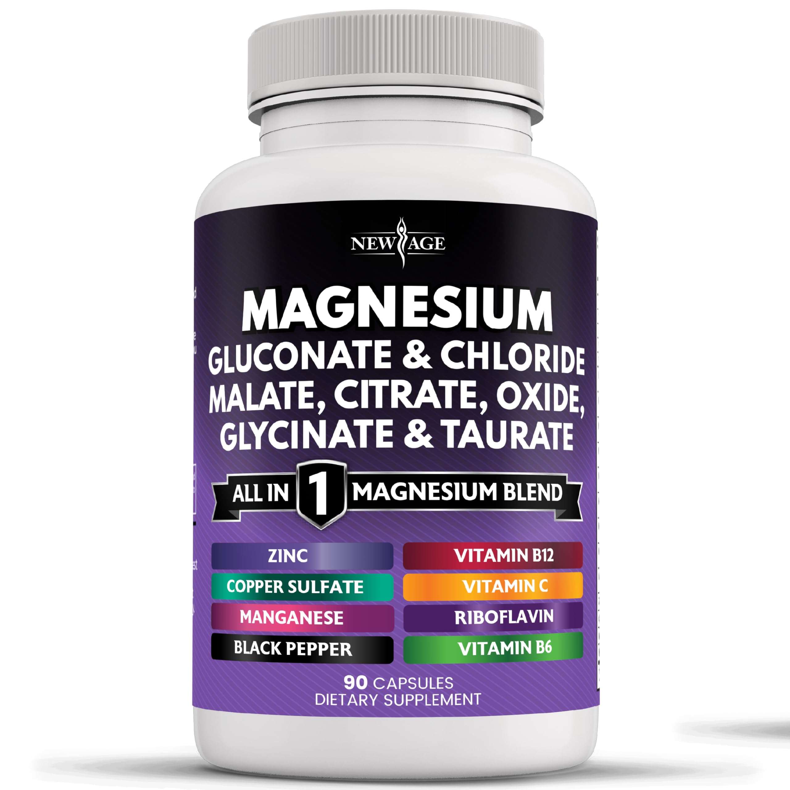 NEW AGE Magnesium Supplement -Powerful Glycinate Citrate Malate Oxide Taurate Aspartate Gluconate Orotate & Mag Chloride Manganese Bone Health and Bone Strength, Joint Support - 90 Count