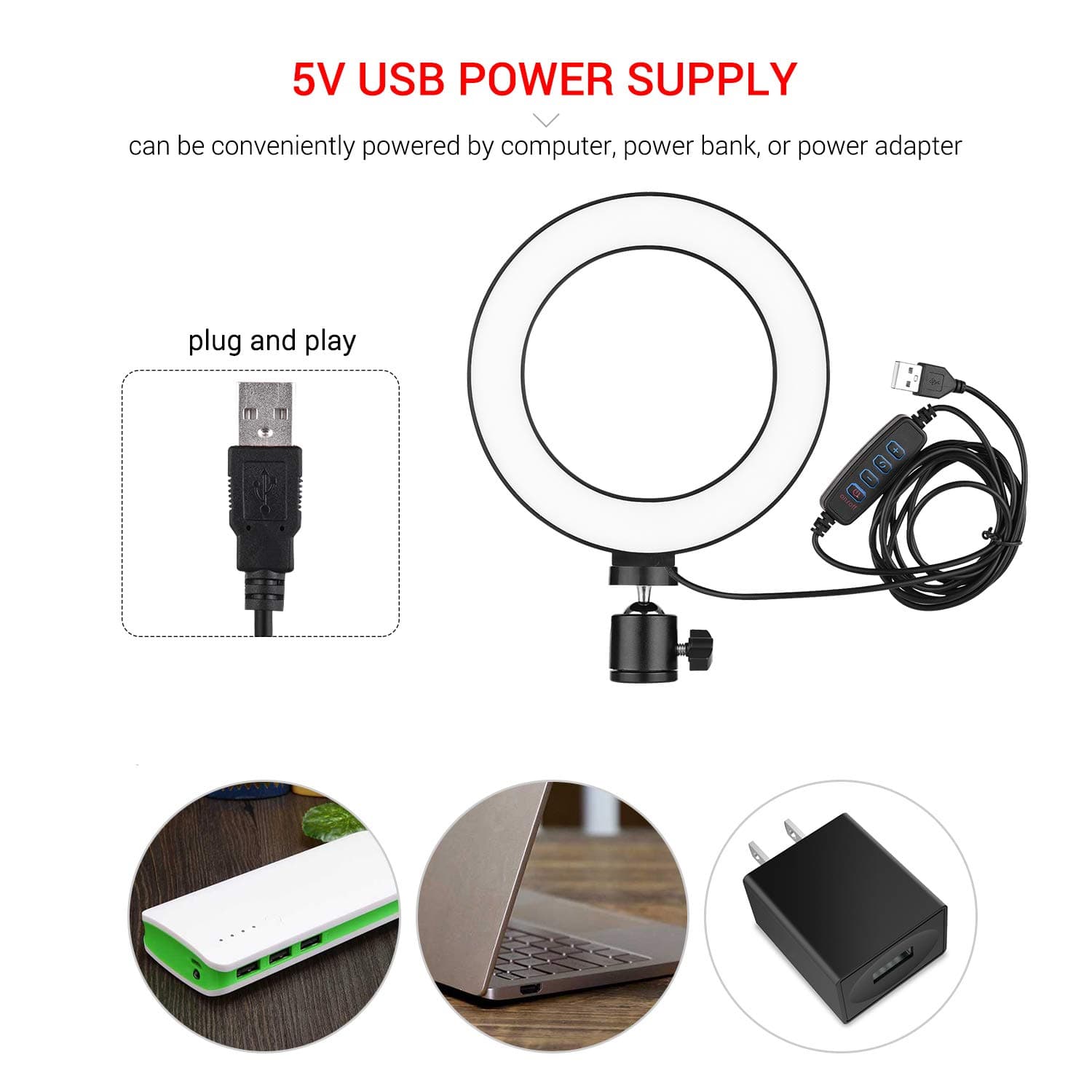 Andoer LED Ring Light with Tripod Stand, 6 Inch Selfie Ring Light for YouTube Video/Makeup/Vlogging with Dimmable 3 Light Modes & 11 Brightness Level, 360 Rotary USB Camera Light 4