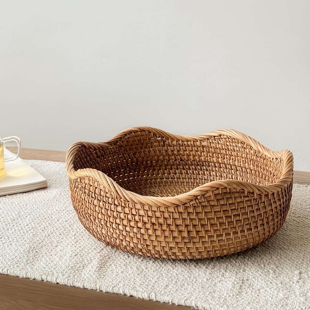 EDAMAME Hand‑Woven Rattan Bread & Fruit Basket – Medium Wicker Serving Tray for Tabletop Decor | Boho Kitchen Storage Bowl (Brown) 1