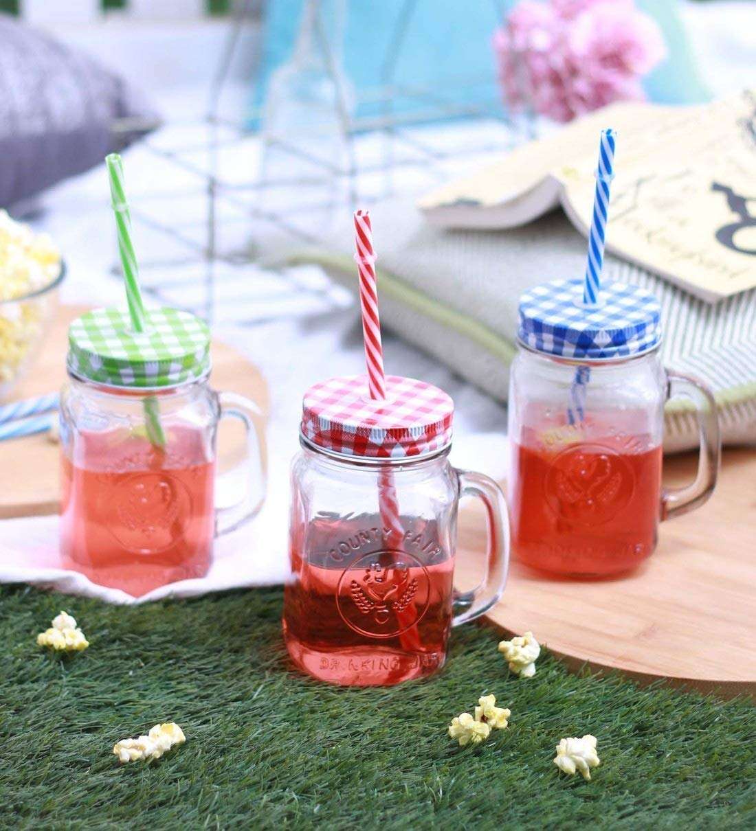 wellxo Glass Mason Jar with Straw, 430 ml Set of 2 mocktail jar/Smoothie jar
