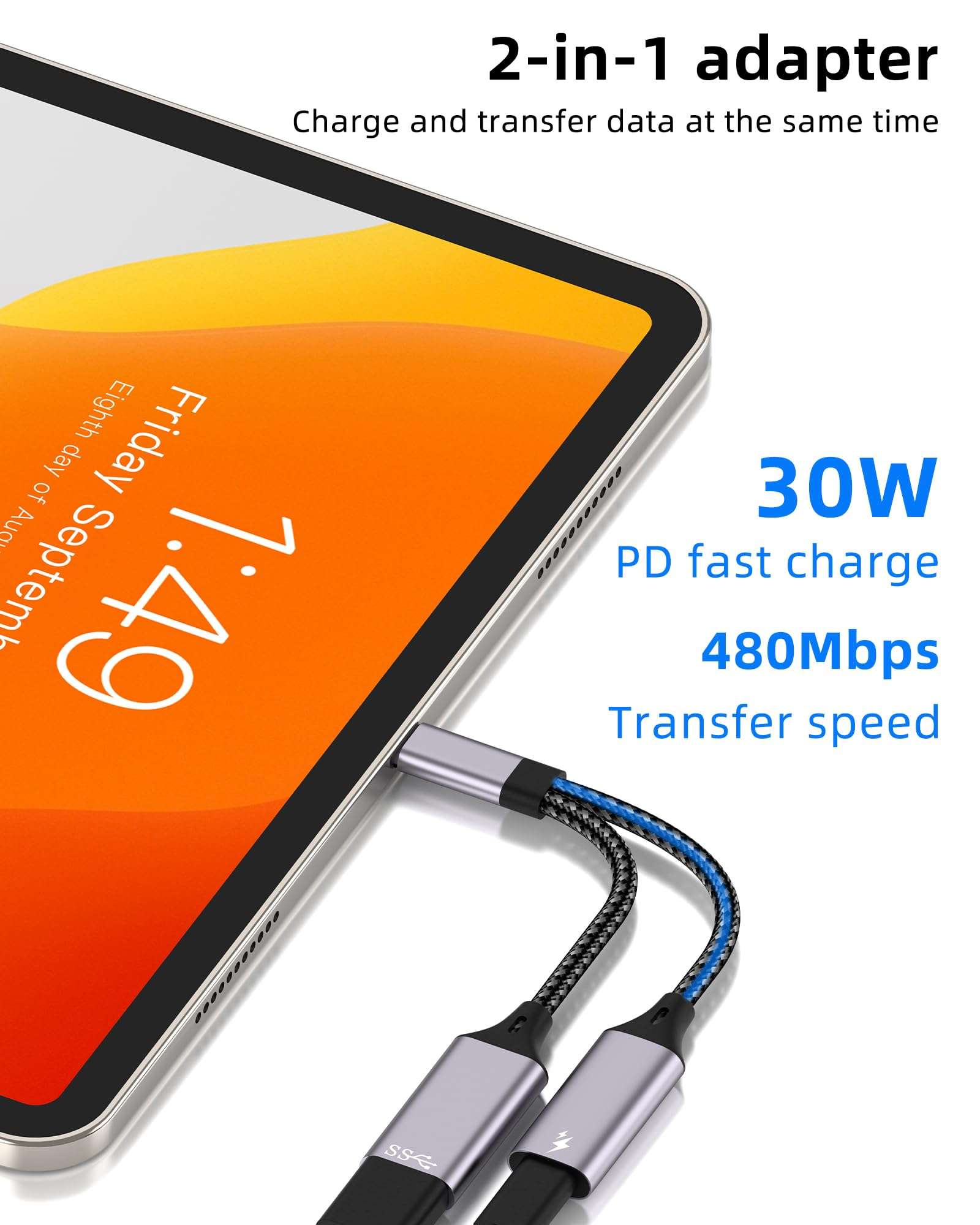 30w USB C Splitter for IPhone 16 15 Pro Max for Apple Adapter(2in1)OTG Digital Camera Cable Charging Converter Phone Charger for IPad Data Card Reader Adaptador Dual Power Drive Compatible for Samsung 3