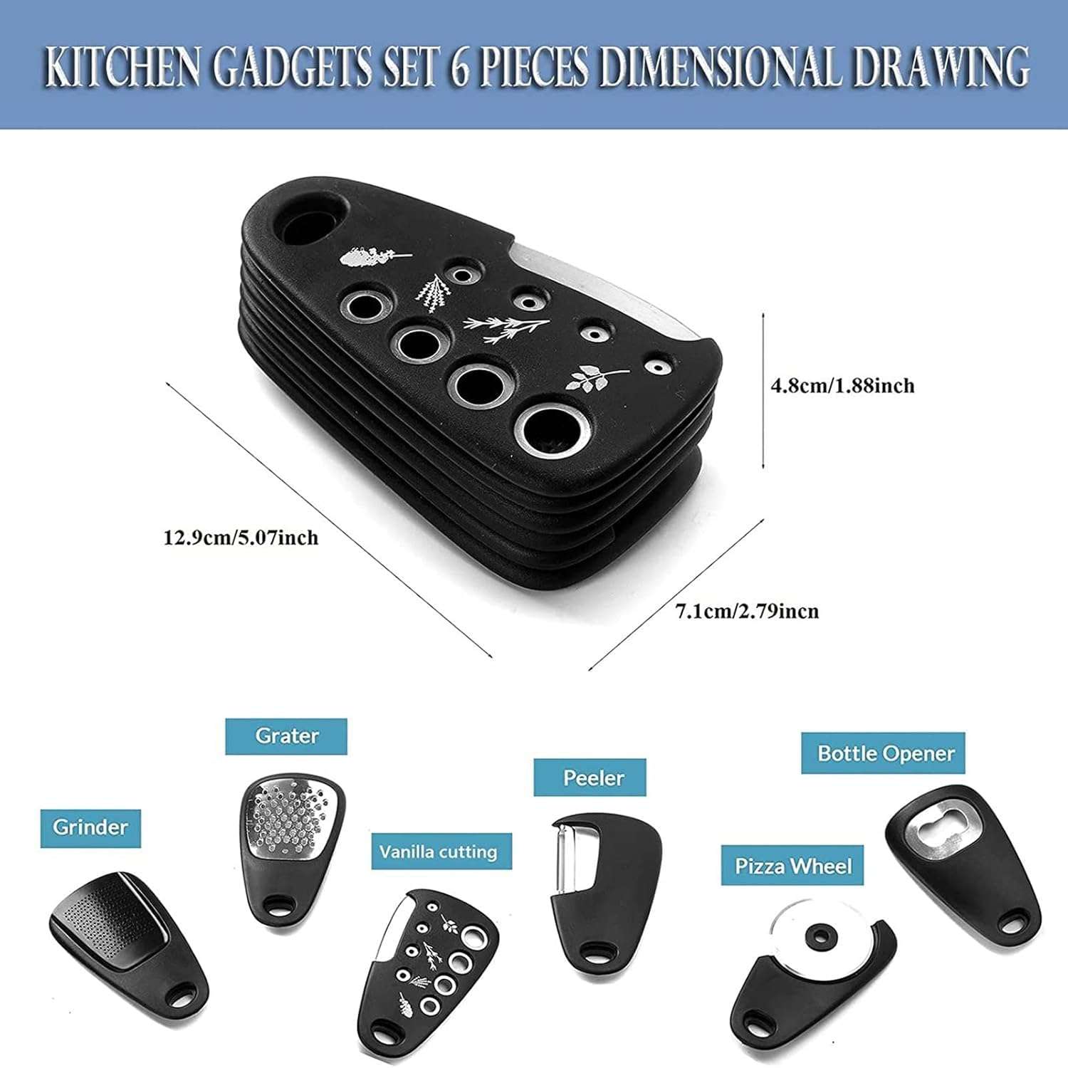 Stainless Steel Kitchen Gadget Set, 6-Piece Stackable Tools, Includes Grater, Garlic Grinder, Pizza Knife, Vegetable Peeler, Spice Cutter for RVs, Camping, Manual Operation Without Power 3