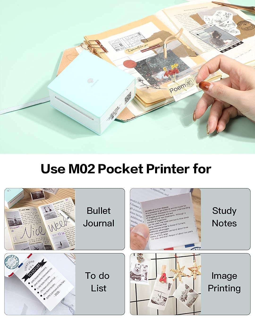 Phomemo M02 Pocket Printer with 1 Black on Glossy Yellow/Silver Transparent Paper, Gold Glitter Sticker Paper 2