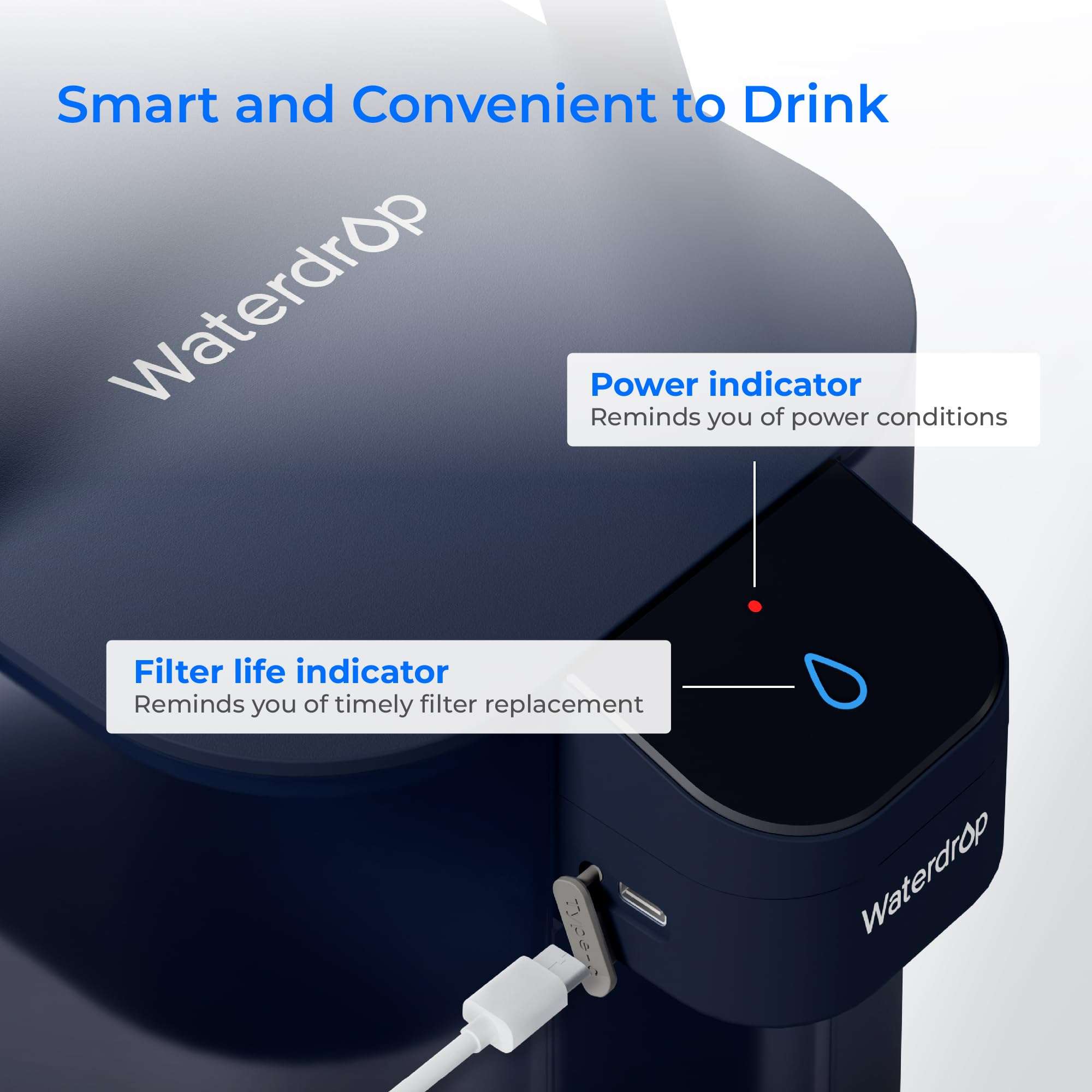 Waterdrop Electric Water Filter Pitcher, Rechargeable Water Dispenser, Instant 200-Gallon 15-Cup Countertop System, NSF/ANSI 401&53&42&372, Reduce PFAS, Lead, Chlorine, Blue, Does not Lower TDS 6