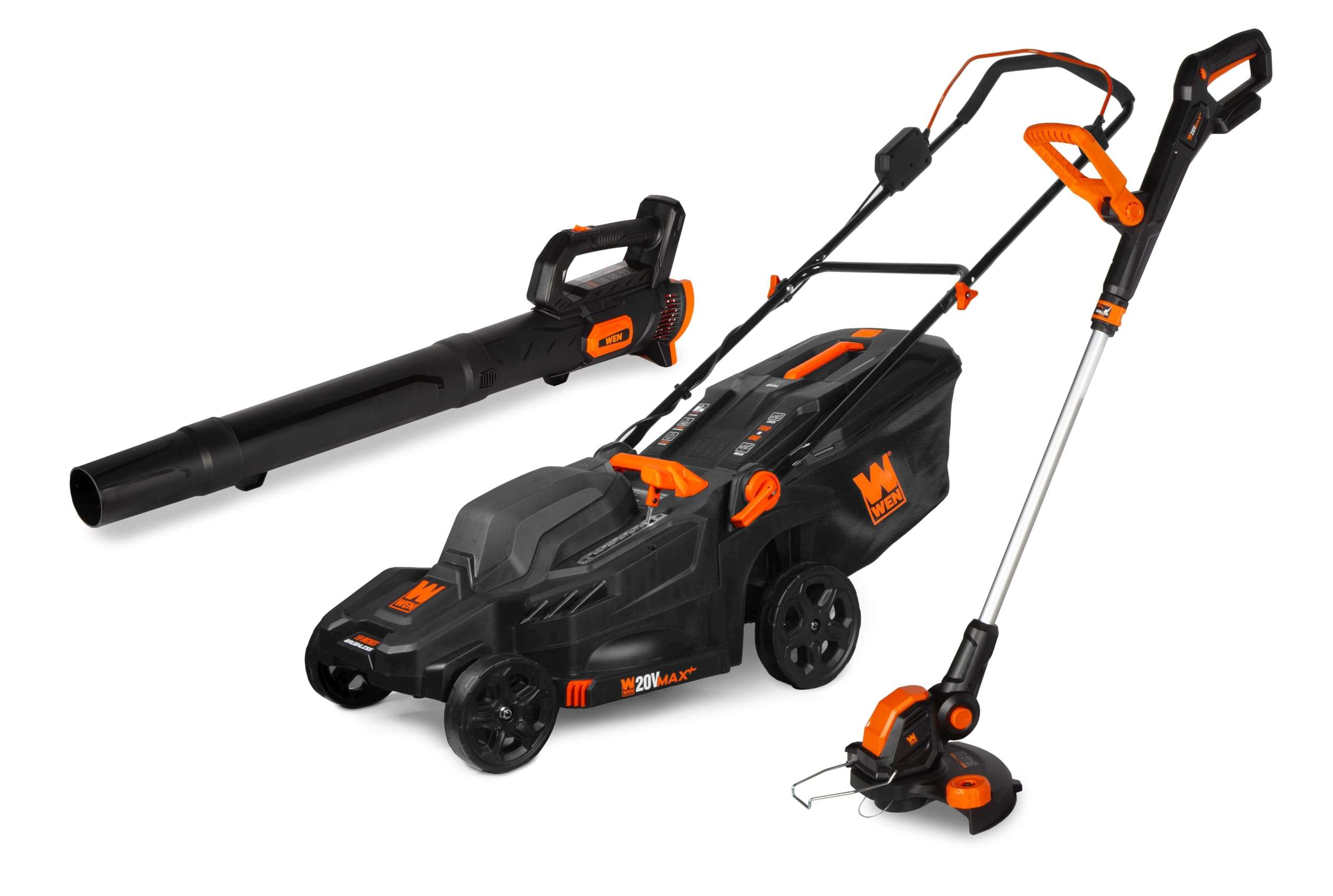 WEN 20V Max Cordless 19-Inch Lawn Mower, String Trimmer, and Leaf Blower Combo Kit with Two 5Ah Batteries and Dual Port Charger (20VK3TBM) 1