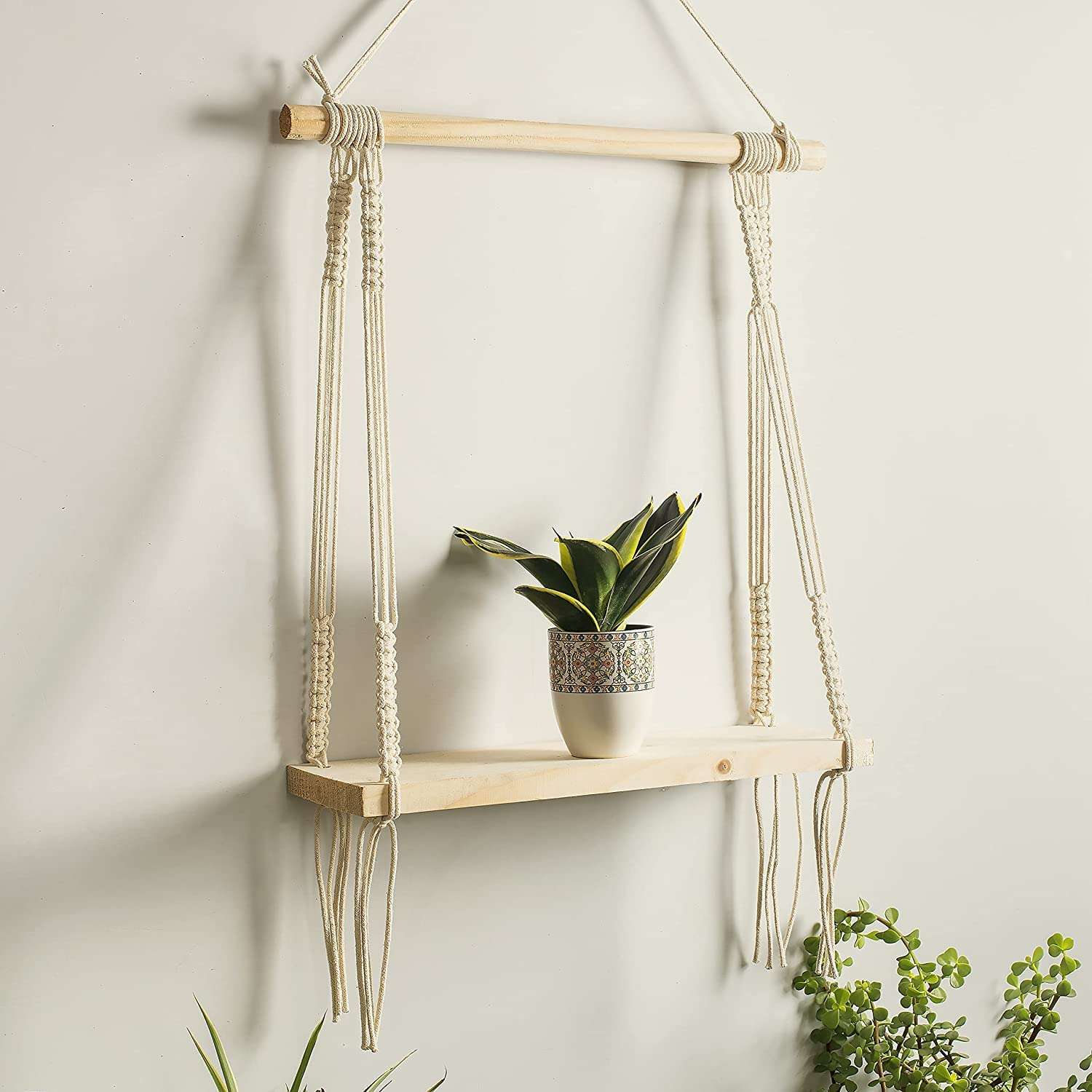 Kevadia Macrame Wall Hanging Shelf Wood Floating Boho Shelves with Wooden Dowel Modern Chic Hand Woven Art Decor for Apartment Dorm Bedroom Living-Room Nursery Beige 55 x 43 cm 1