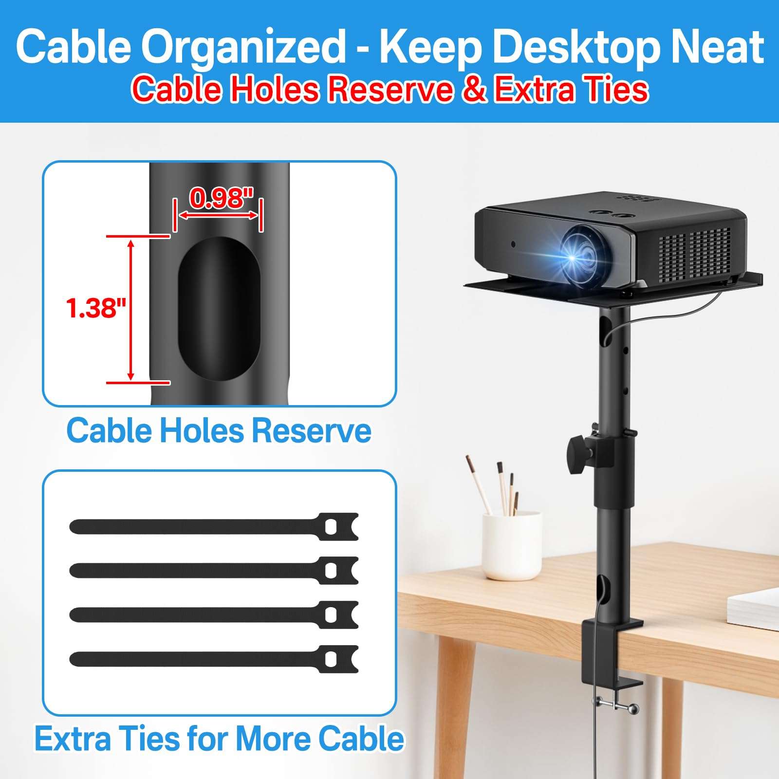 Desktop Projector Stand Table Wr Headphone Holder - Height, Tilt & Swivel Adjustable Desk Projector Stand for Nebula XGIMI VANKYO Jinhoo AuKing Epson and Most Projectors Clamp on Desktop Stand, 2 Pack 4