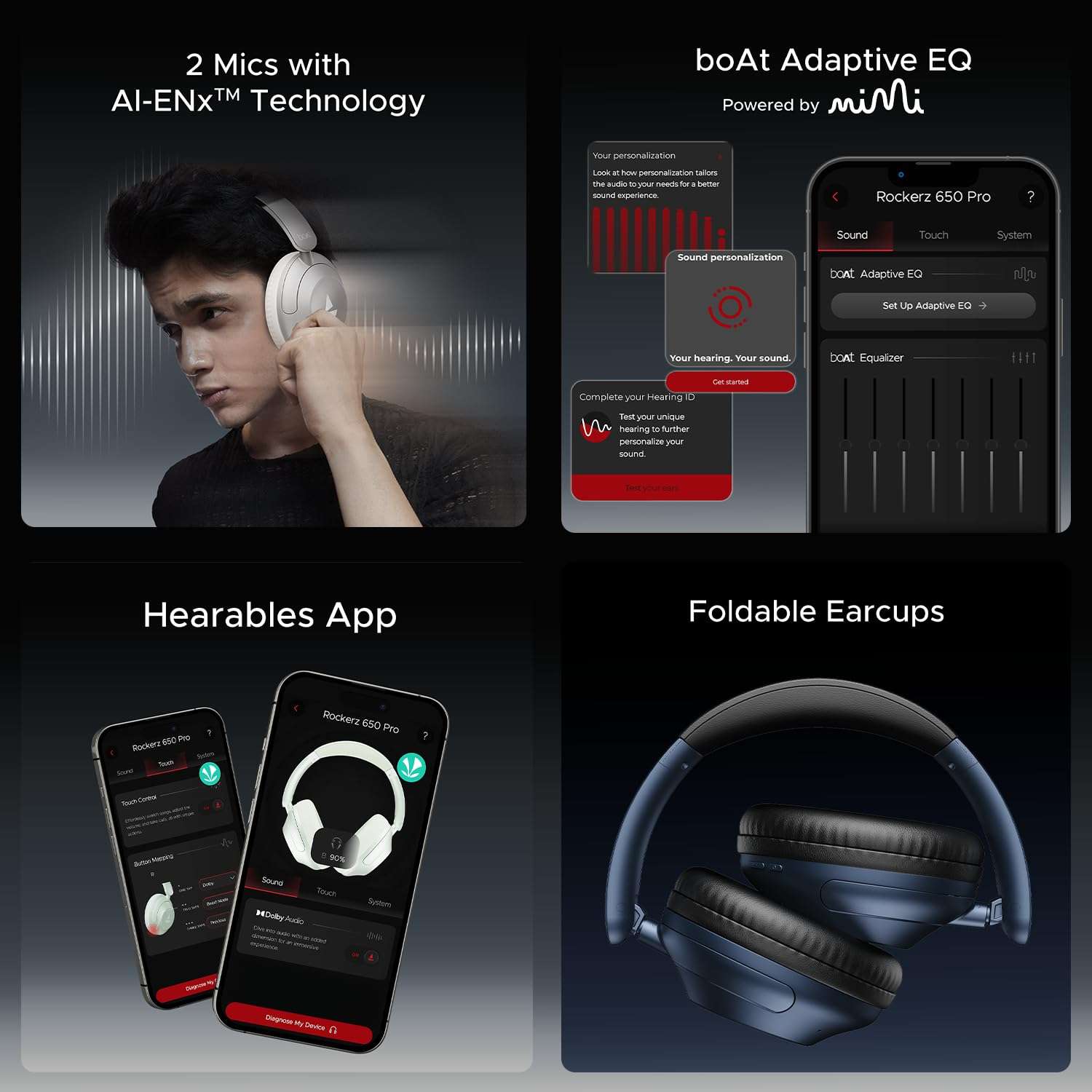 Boat New Launch Rockerz 650 Pro, Touch/Swipe Controls, Dolby Audio, 80Hrs Battery, 2Mics ENx, Fast Charge, App Support, Dual Pair, Bluetooth Over Ear Headphones with Mic (Iris Black) 4