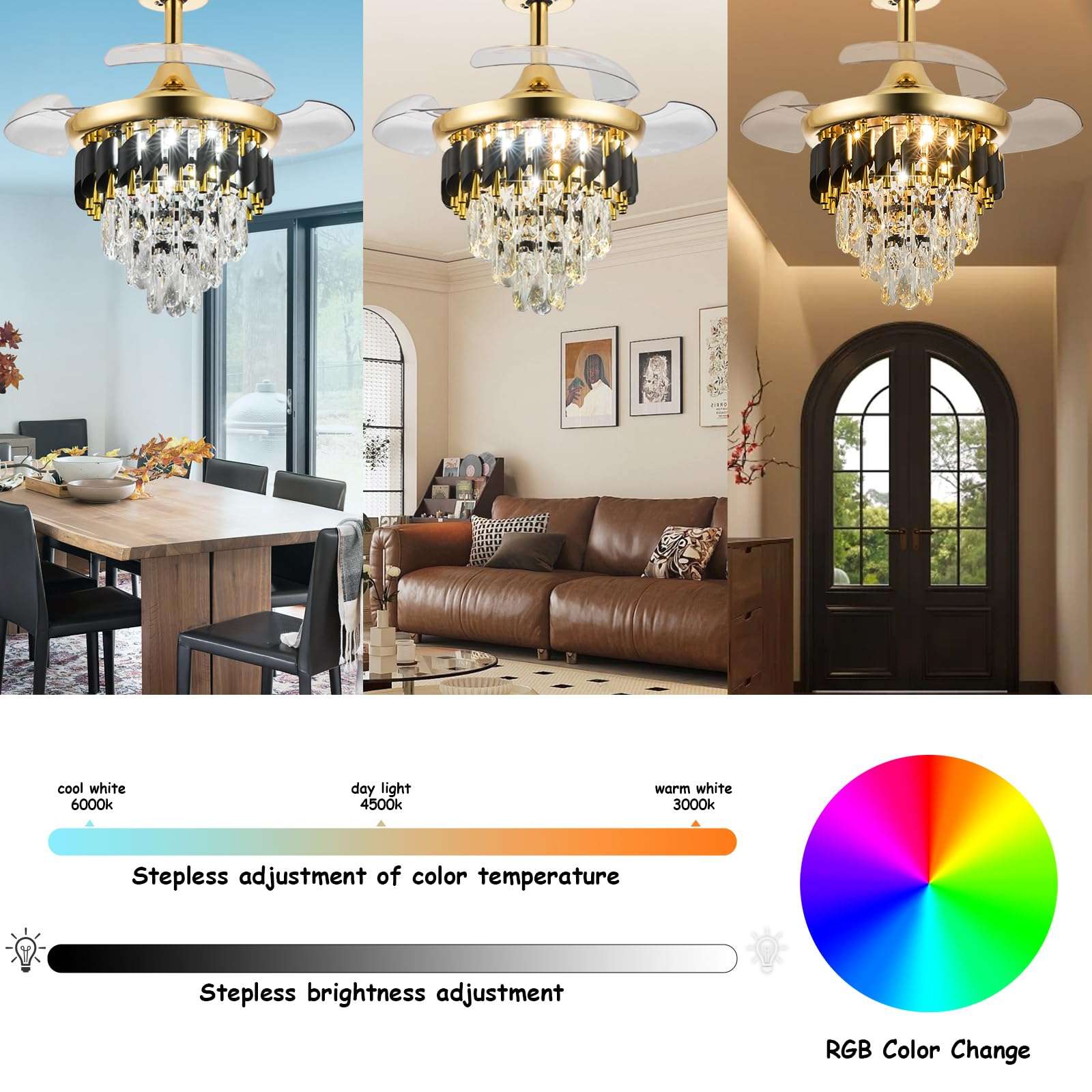 LumZeylith 30" Retractable Crystal Ceiling Fan with Light, RGB Modern Chandelier Fan 6 Speeds Reversible Blades Gold 5