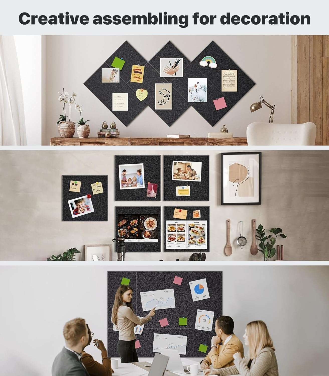 BOGOTA 6Pcs Black Felt Bulletin Board Self-Adhesive Wall Boards with 50pcs Drawing Pins Notice Board for Home Vision Board for Manifestation Pin Board for Study Room Bulletin Board Office Accessories 6