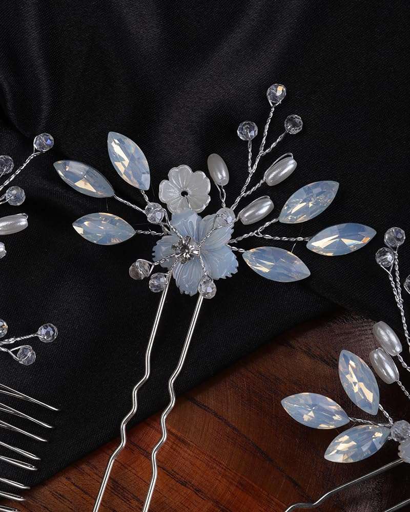 Rumtock Opal Crystal Beads Silver Hair Comb Hair Pins Set for Wedding Brides Women Banquet Dancing Ball Handmade Hair Piece (Silver) 5