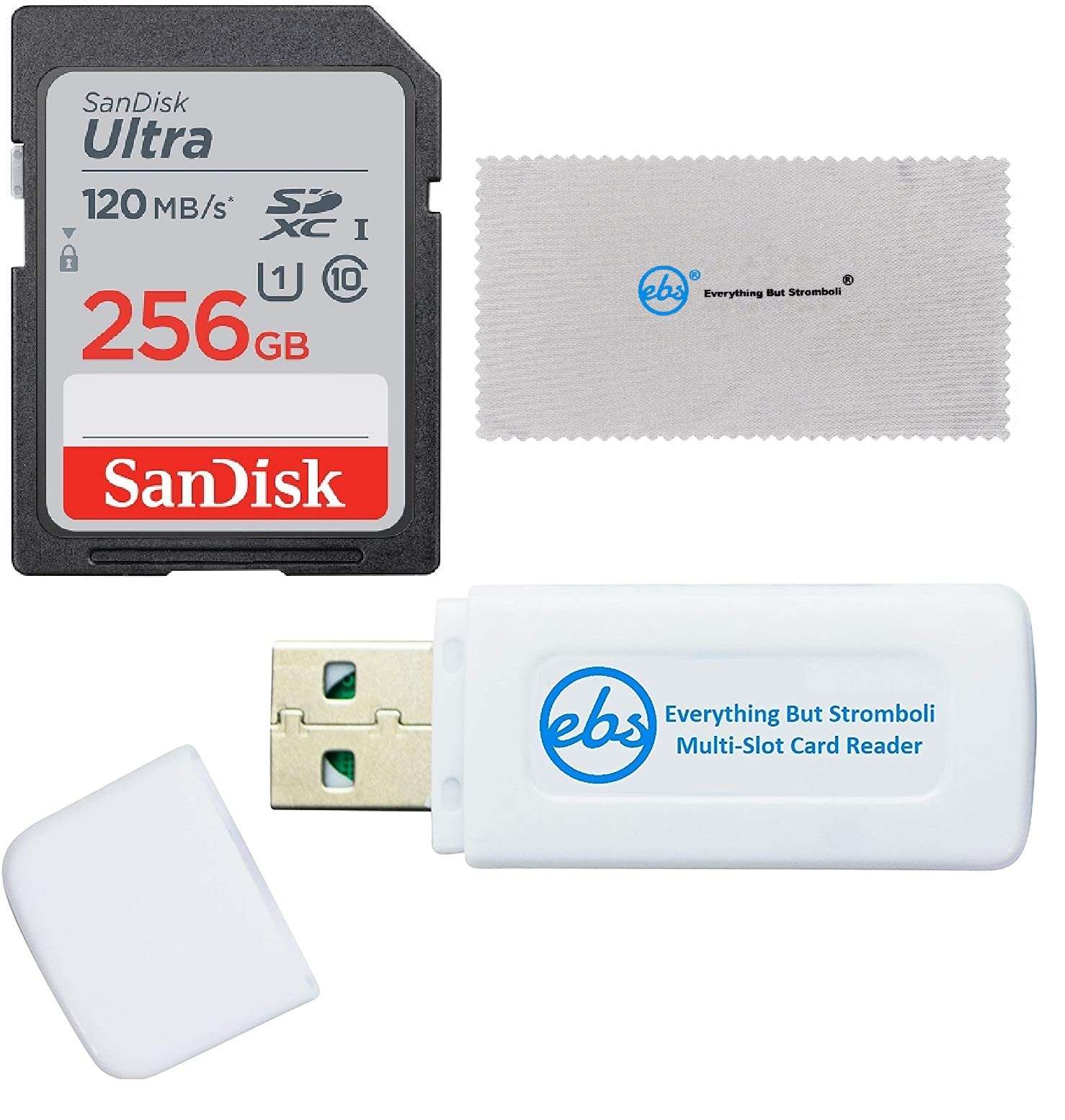 SanDisk 256GB SD Ultra Memory Card Works with Panasonic Lumix Digital Cameras (SDSDUN4-256G-GN6IN) Bundle with (1) Everything But Stromboli SDXC Card Reader & Micro Fiber Cloth 1