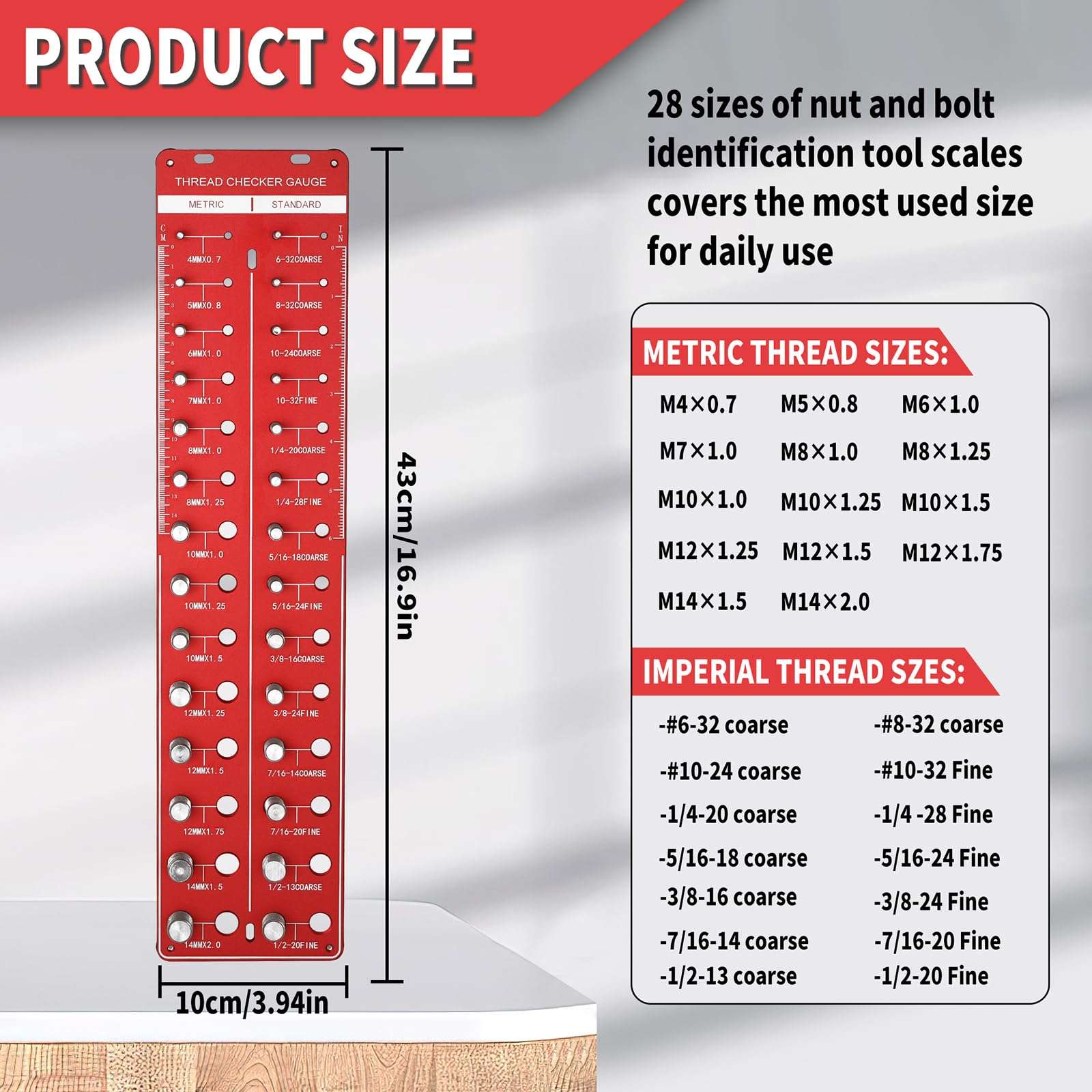 Thread Checker, 28 Nut and Bolt Thread Checker, Bolt Size and Thread Gauge 14 Standard & 14 Metric with Inch and Centimeter Ruler, Gift for Mechanic (Red) 3