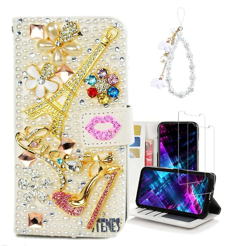 Fairy Art Crystal Wallet Case Compatible with iPhone 13 - Eiffel Tower High Heel - White - 3D Handmade Glitter Bling Leather Cover with Screen Protector & Beaded Phone Lanyard 2