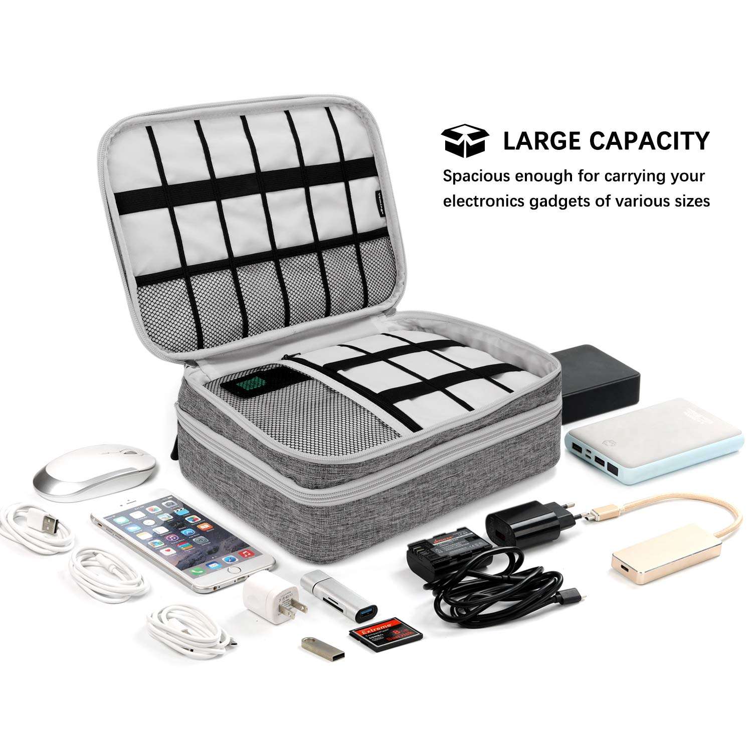 TechGround Electronics Organizer, Electronic Accessories Cable Organizer Bag Double Layer Travel Cord Organizer Bag for Cables, Laptop Charger, iPad Pro 11'' Tablet and More, Grey, RR-011G 6