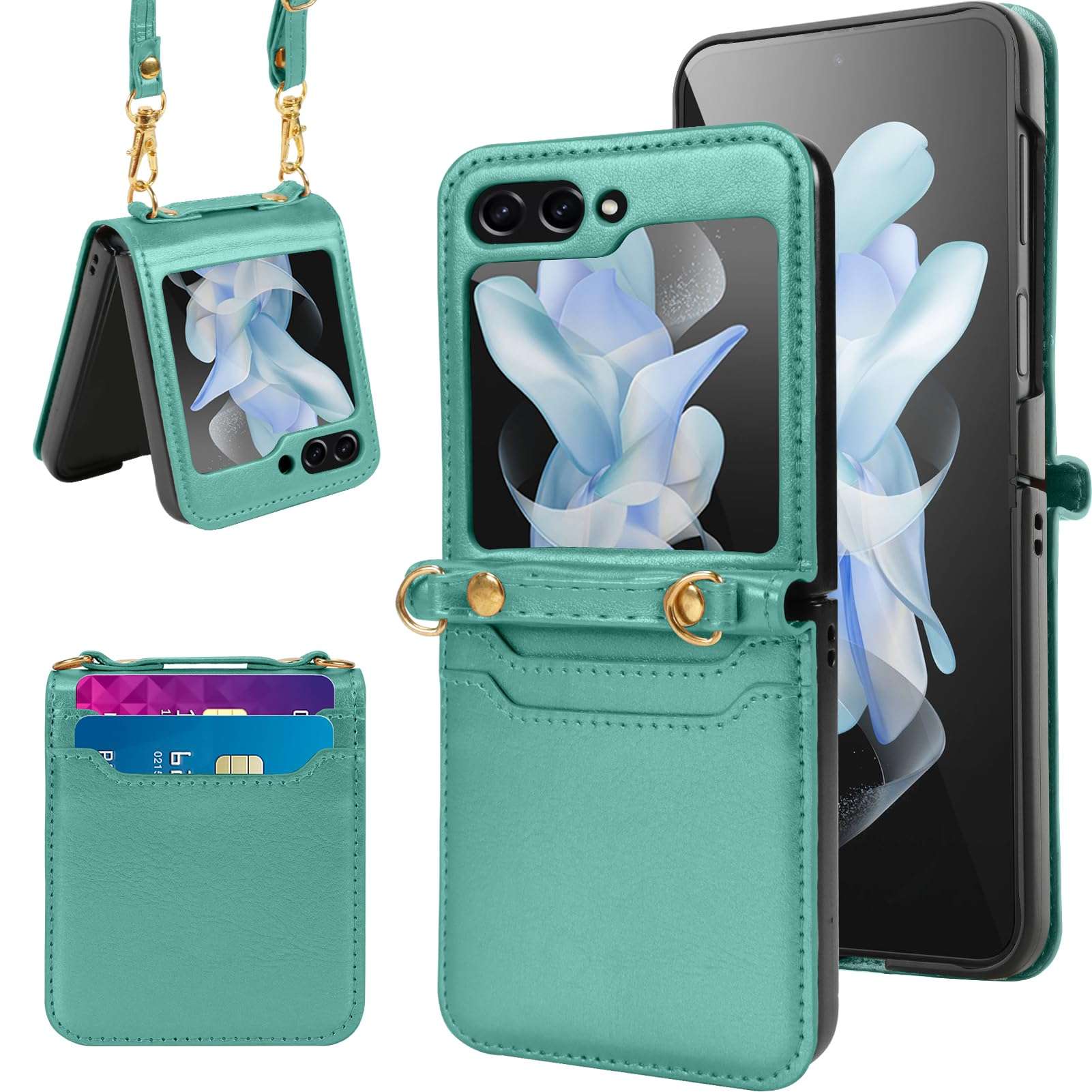 KANGHAR for Samsung Galaxy Z Flip 5 Case with Card Holder Lanyard Z Flip 5 Leather Wallet Case Adjustable Crossbody Strap Protective Phone Case for Galaxy Z Flip 5 - Green 1