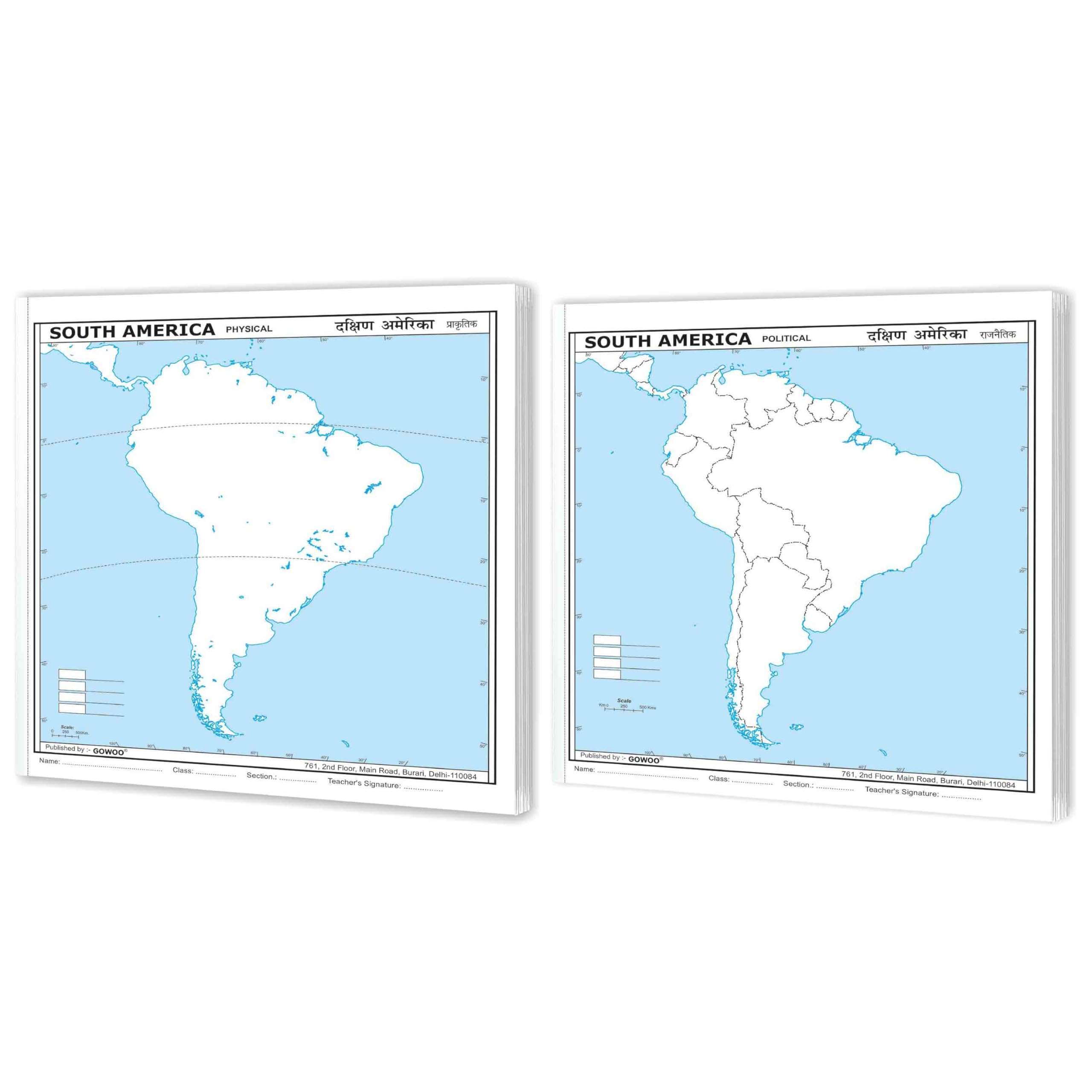 SMALL - 100 SOUTH AMERICA POLITICAL OUTLINE MAP FOR SCHOOL and SMALL - 100 SOUTH AMERICA PHYSICAL OUTLINE MAP FOR SCHOOL | Combo of 2 1