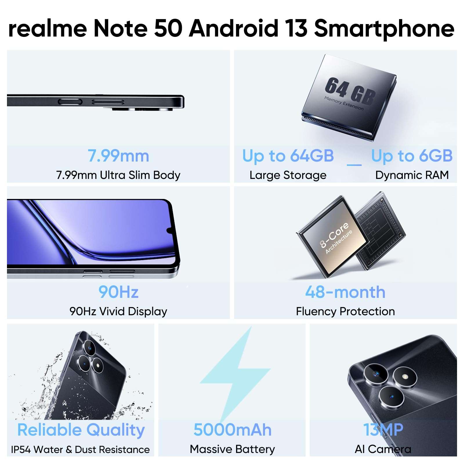 realme Note 50 Unlocked Dual-SIM Android Smart Phone, 6.74" LCD 90Hz Vivid Display, 3+64GB, 5000 mAh Battery, 13MP AI Camera, Midnight Black 3