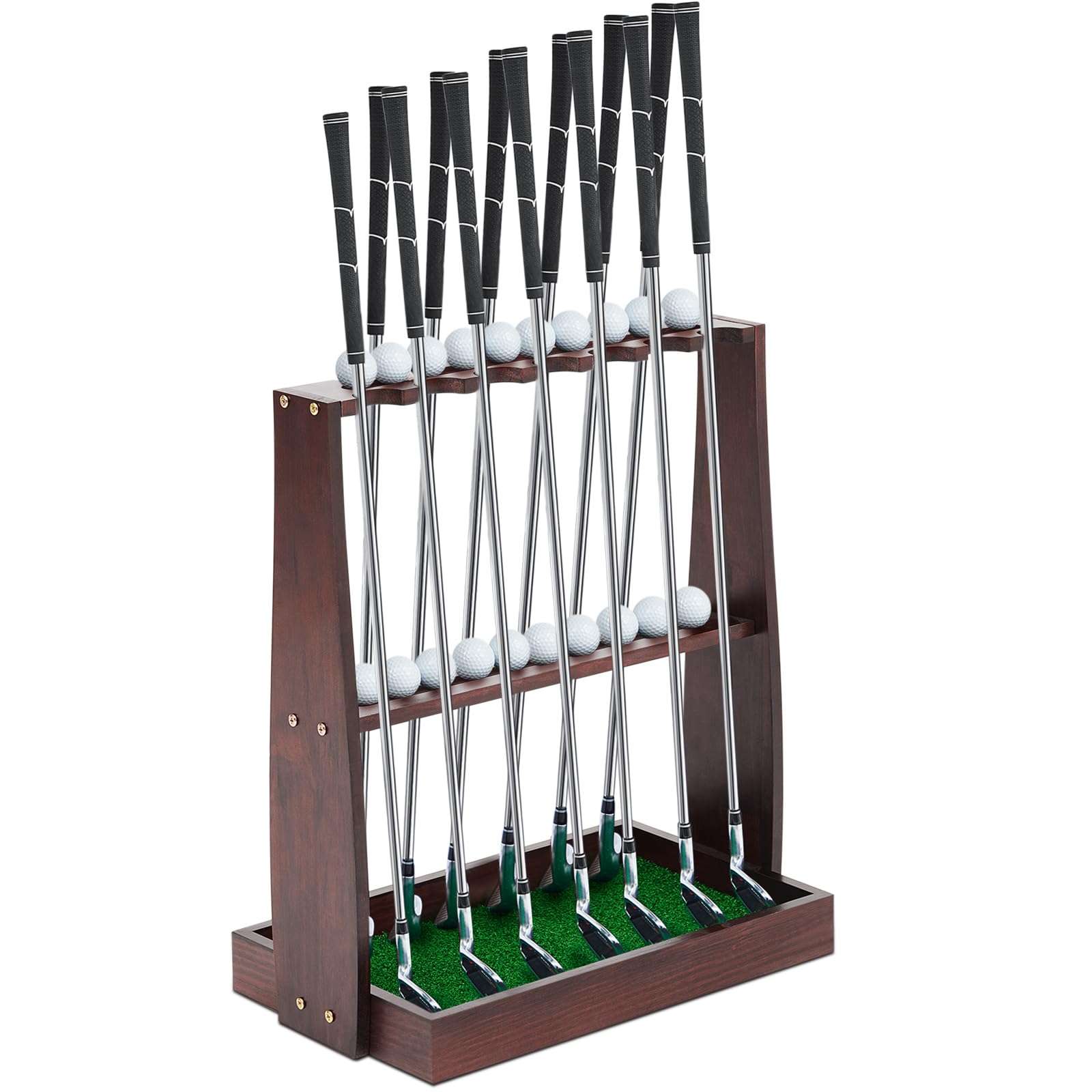 Lenwen Golf Club Rack Wooden Golf Putter Stand Holder Indoor Display Rack Holds 13 Clubs and 20 Golf Balls for Club Home Golf Simulators, Brown