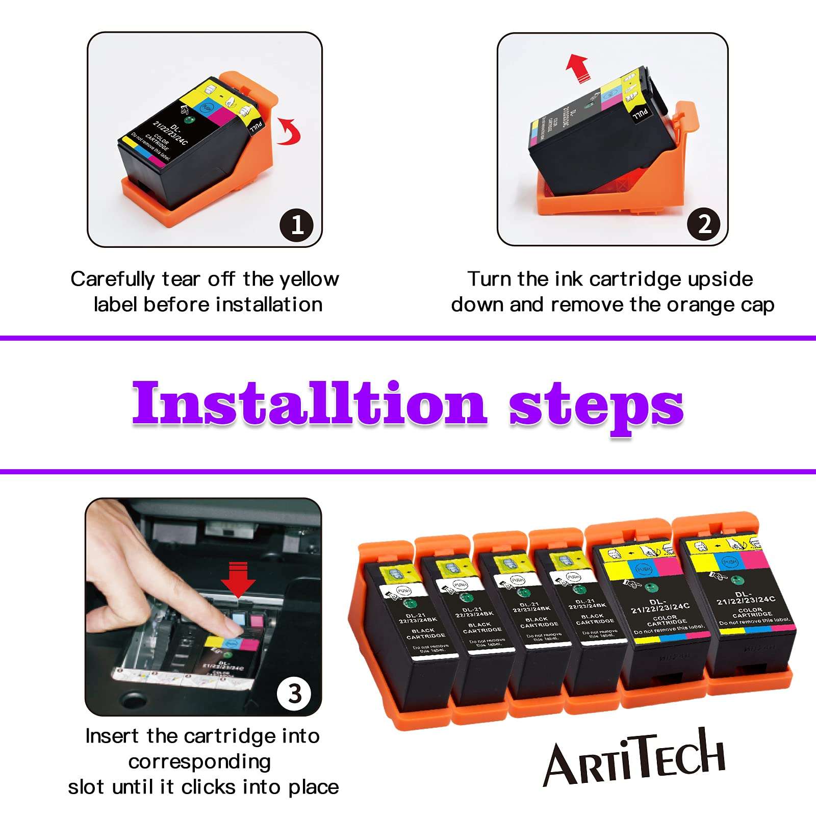 Replace for Dell Series 21 Ink Cartridges Compatible for Dell V515w, V715w, P513w, P713w, V313, V313w, P713w, All-In-One printers 6 Pack, (4 Black and 2 Color) for Dell Series 21, Series 22, Series 23 3