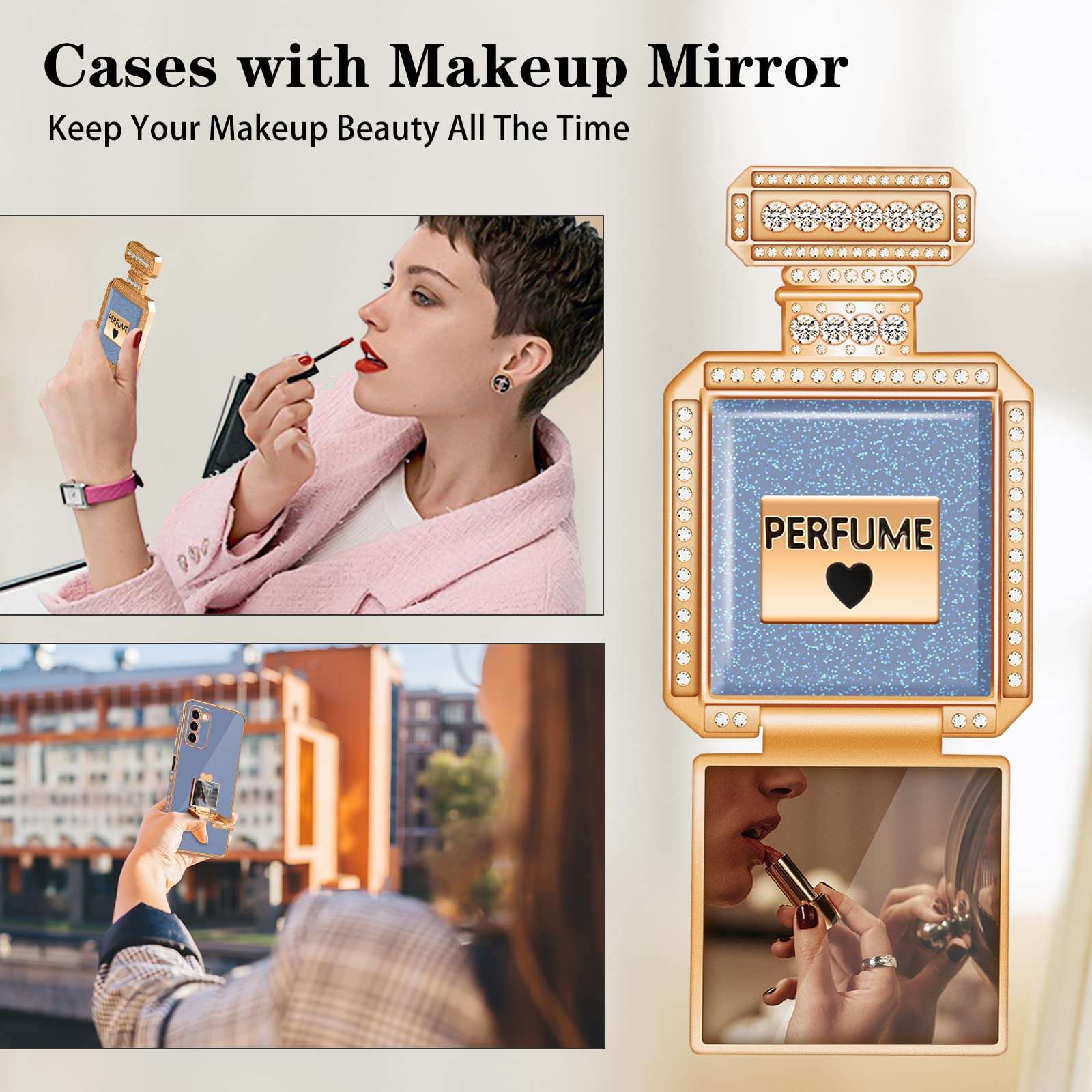 Buleens for Samsung Galaxy A03s Case with Metal Perfume Bottle Mirror Stand, Cute Women Girly Heart Cases for Galaxy A03s,Elegant Luxury Phone Cover for Samsung A03s 6.5'' Dark Blue 4