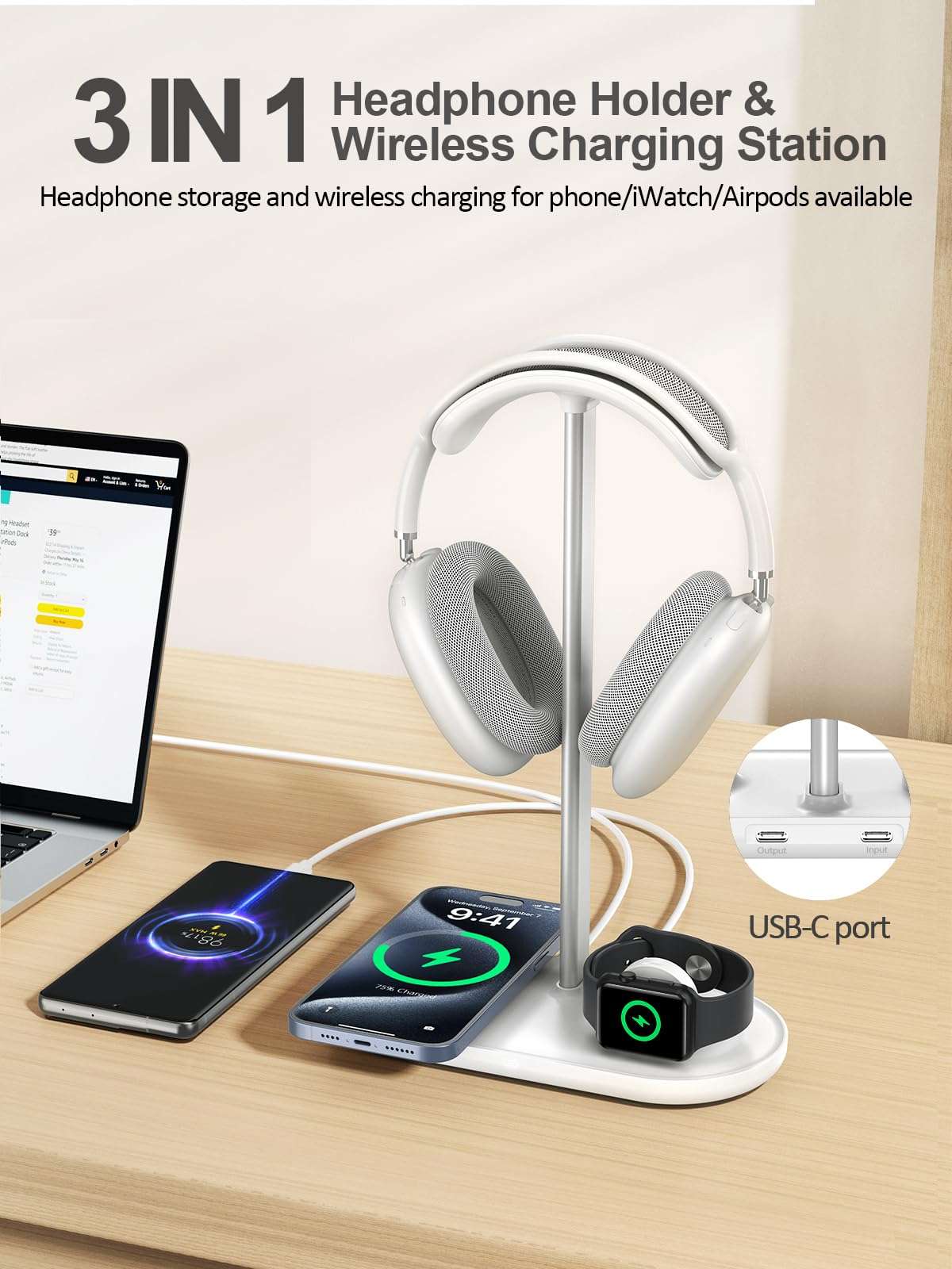 TopMade 5 in 1 Headphone Stand for Desk with Wireless Charger & USB Charging for iPhone/AirPods/iWatch, Universal Desktop Gaming Headset Holder for Airpods Max, Bose, Beats, Razer and More, White 3