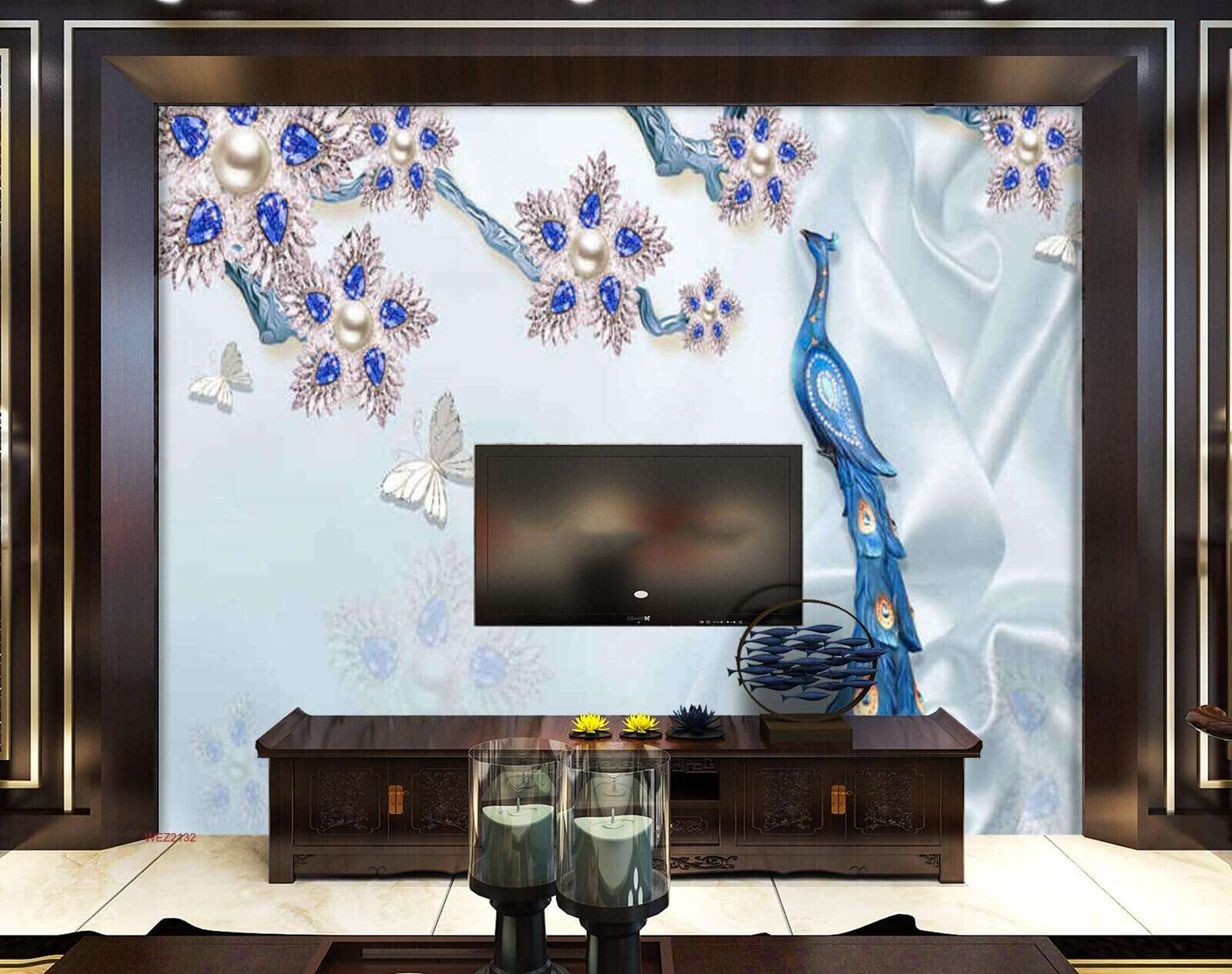 Wall26 - WEZ2132 Beautiful Flowers Jewellery Peacock Plan Butterflies Designed Jewelry Coquette Flower HD 3D Wall Sticker[8 ft x 6 ft] / [244 cm x 183 cm] 1