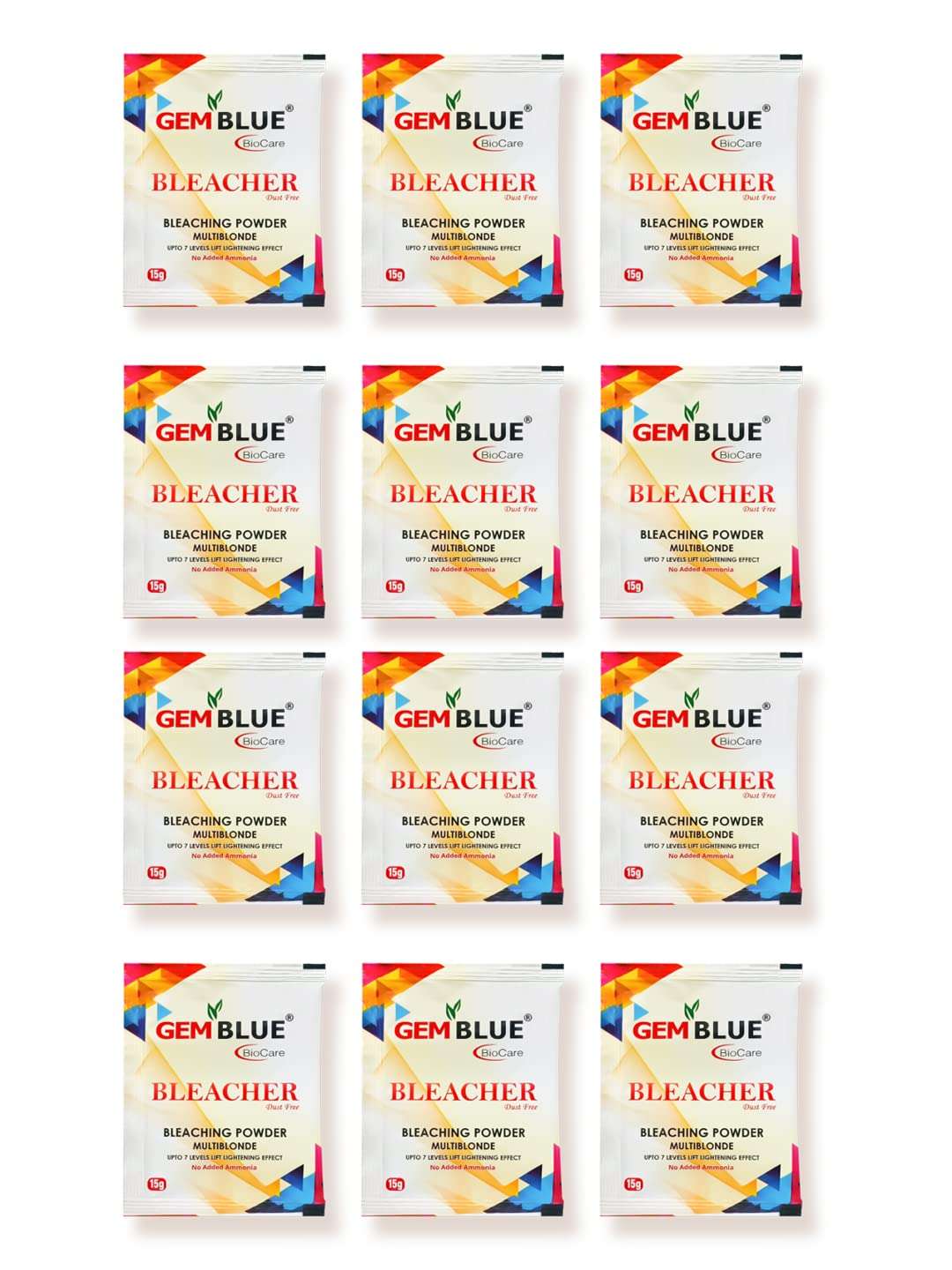 Gemblue Biocare Bleacher Powder | Dust Free Bleaching Powder | Multiblonde | Upto 7 Level Lift Lightening Effect | No Added Ammonia (15gm X 12 - 180gm) 1
