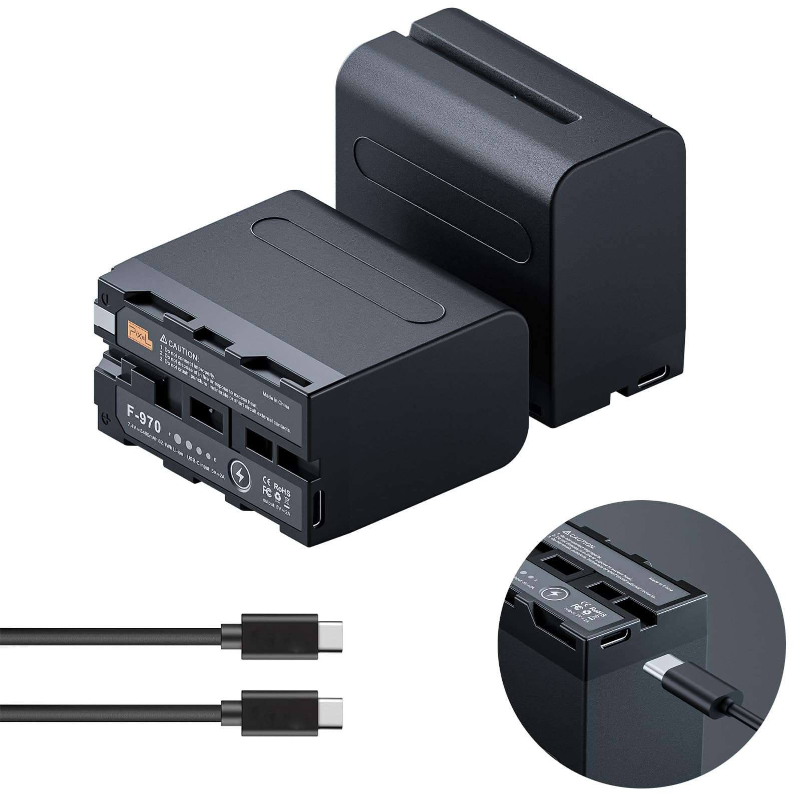 NP-F970 Battery，USB-C NP F970 Battery(2-Pack/8400mAh) Compatible with Sony NP-F970 F960 F950 F770 F750 F570 F550, Fit for Dazzne D50/D80 Video Light 1